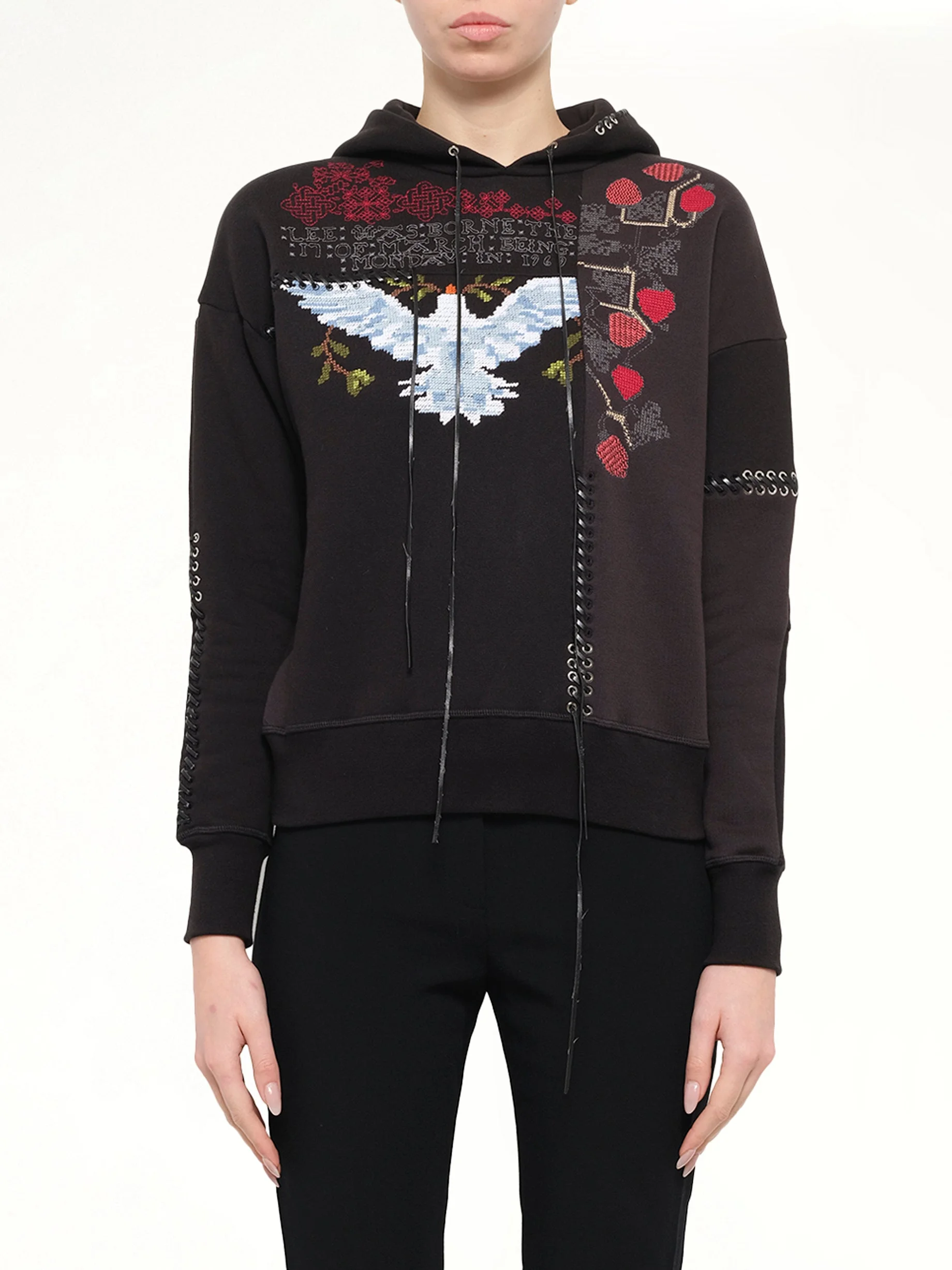 Bird Embroidered Hoodie in Black - 1