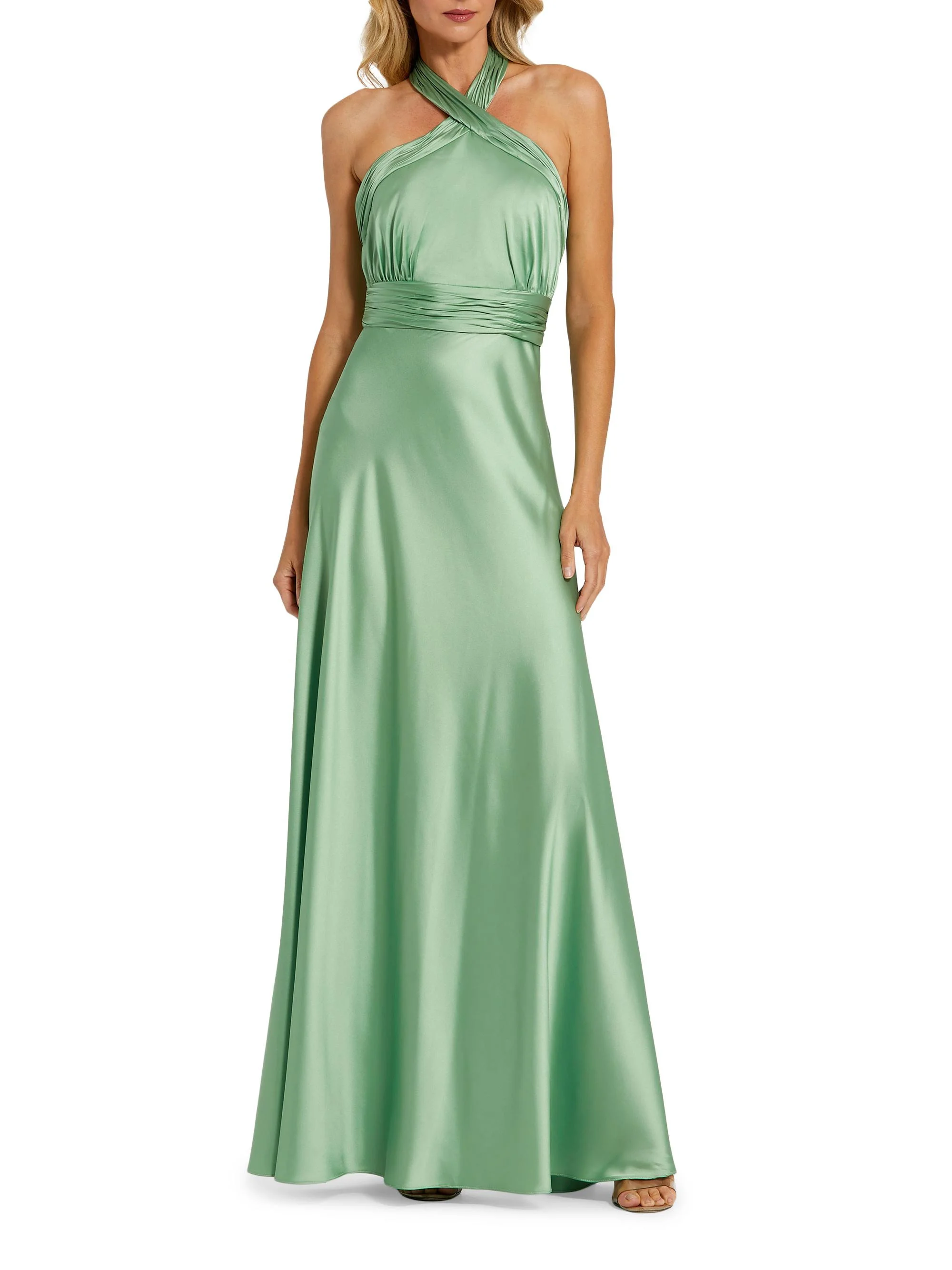 Women's Halter Neck Tie-Back Ruched Satin Gown - Sage - 1