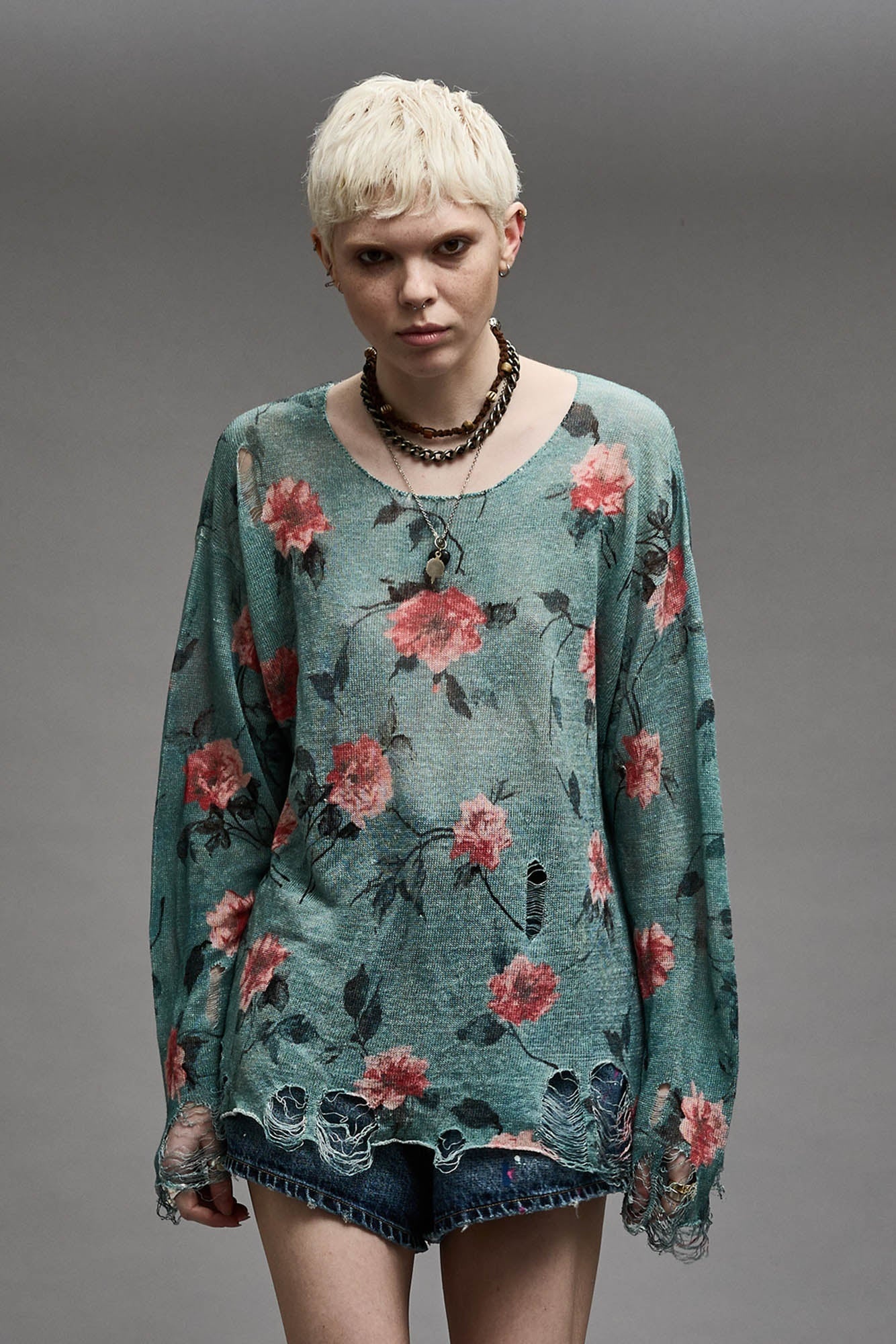 CAST-OFF NECK BOYFRIEND SWEATER - BLUE FLORAL - 2