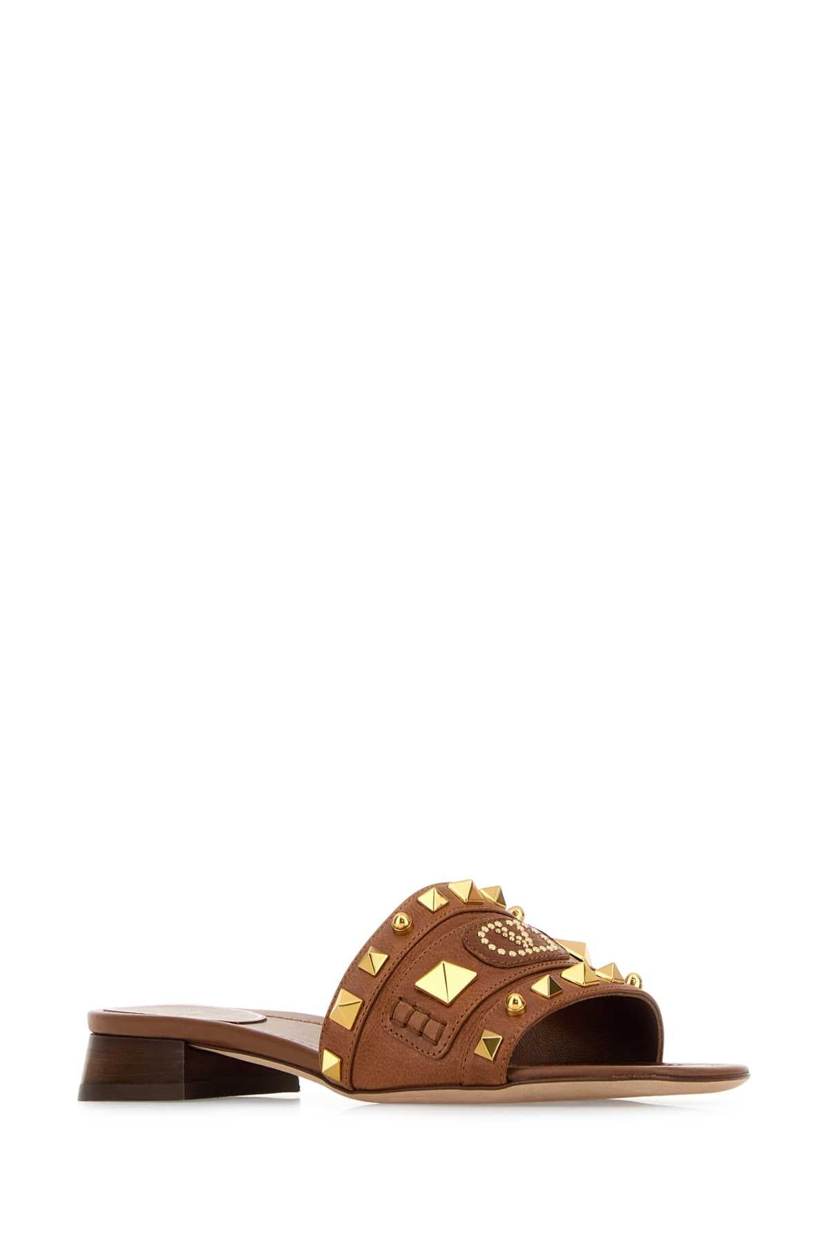 Valentino Garavani Women Caramel Leather Plaster Caster Slippers - 2