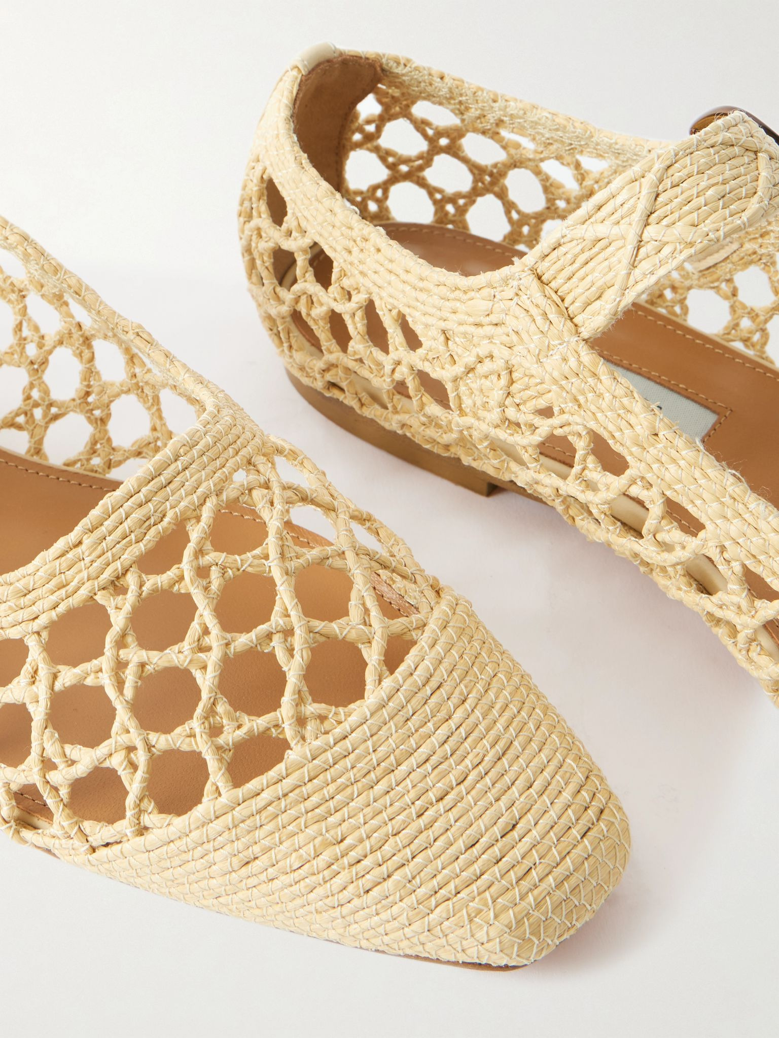 Tramonto leather-trimmed woven raffia Mary Jane ballet flats Sand - 4