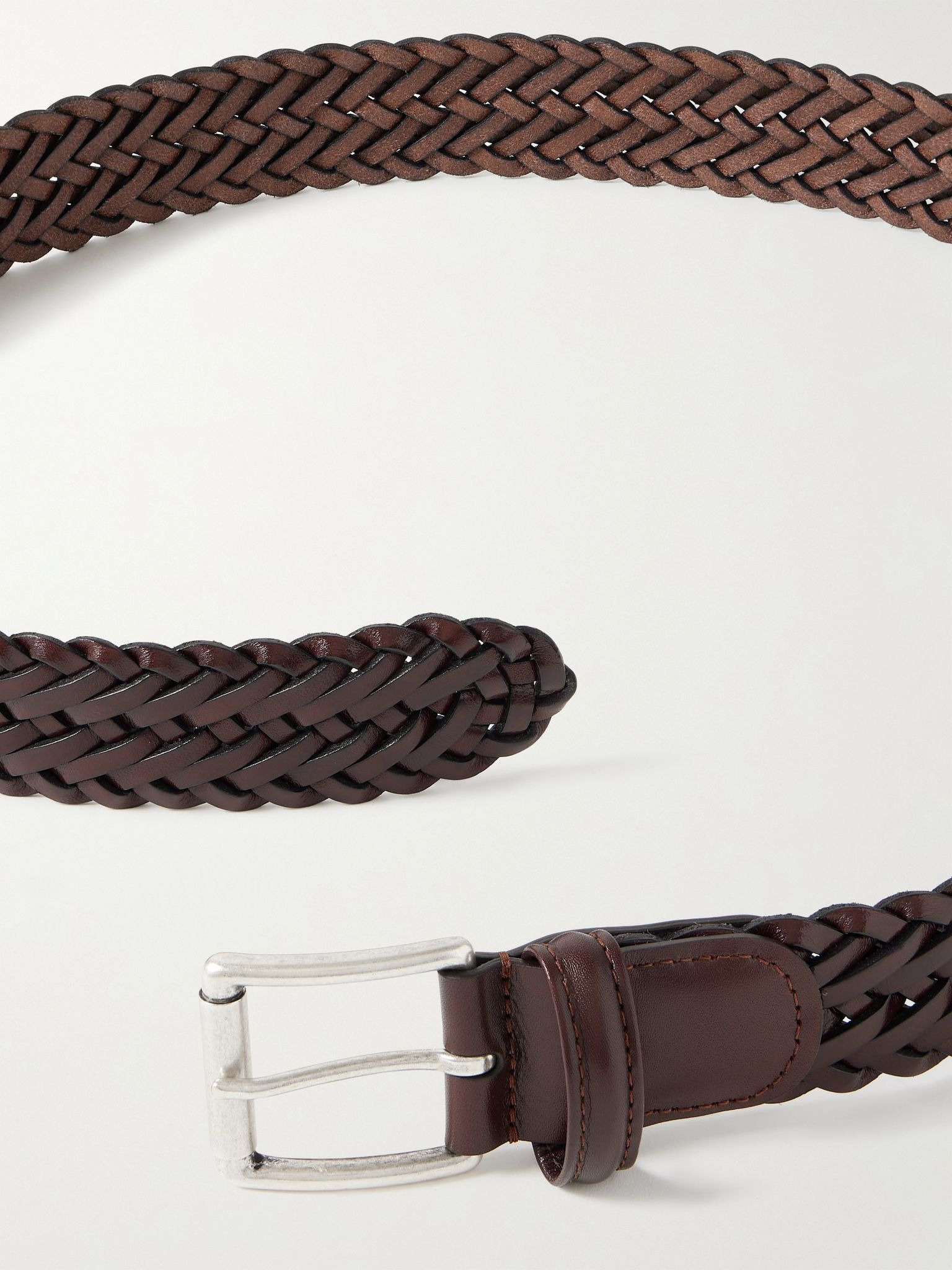 3.5cm Woven Leather Belt Brown - 3