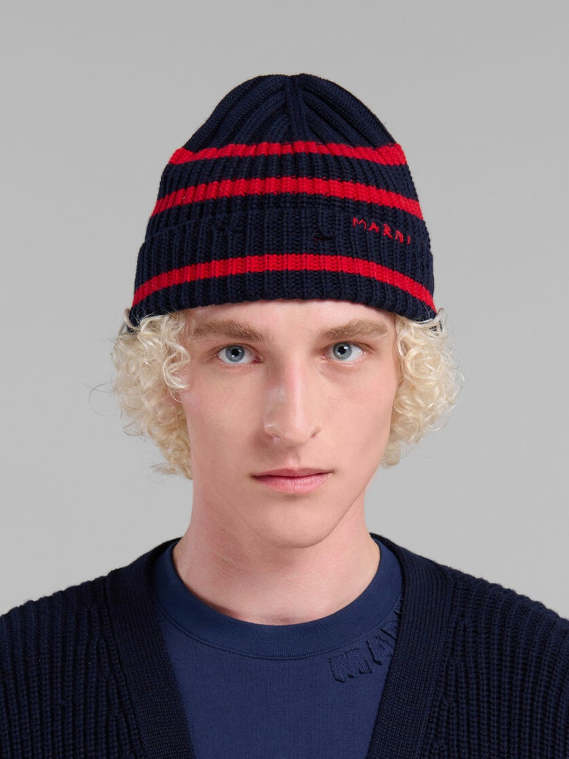 Marni NAVY RIBBED WOOL BEANIE WITH SAILOR STRIPES outlook
