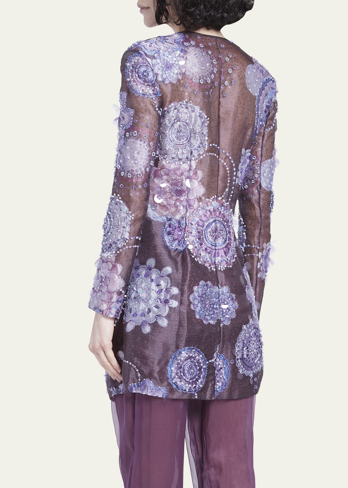 Sheer Printed Blazer Jacket with Beaded Details - 3