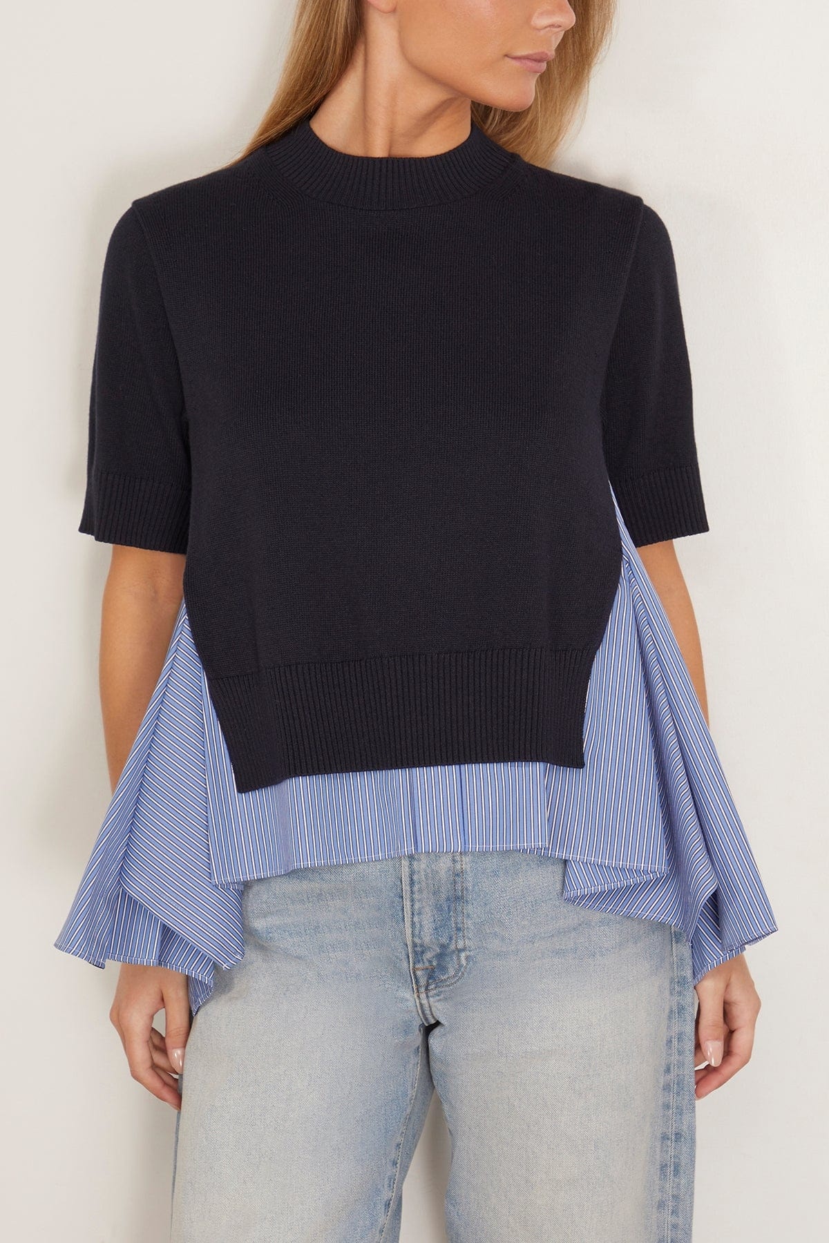 Cotton Poplin x Knit Pullover in Navy and Blue Stripe - 3