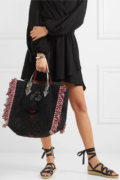 Christian Louboutin Portugaba fringed leather-trimmed canvas tote outlook