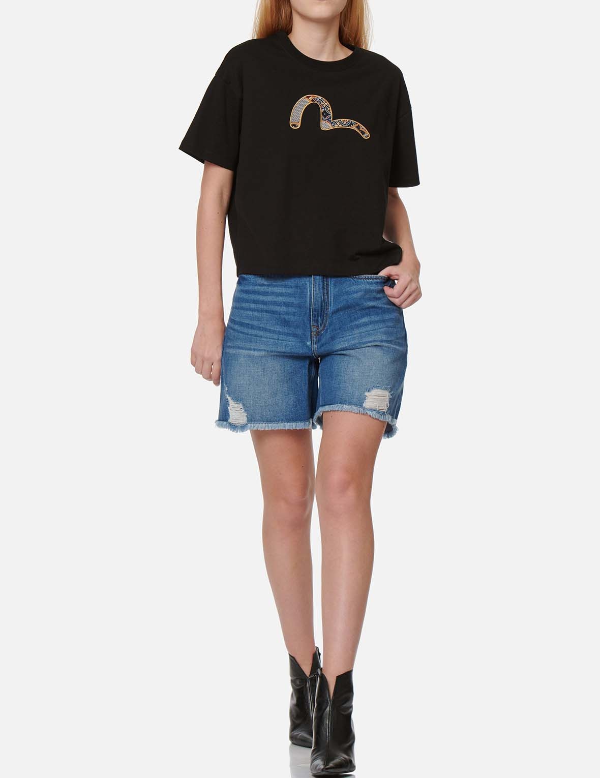 SEAGULL EMBROIDERY DISTRESSED DENIM SHORTS - 5