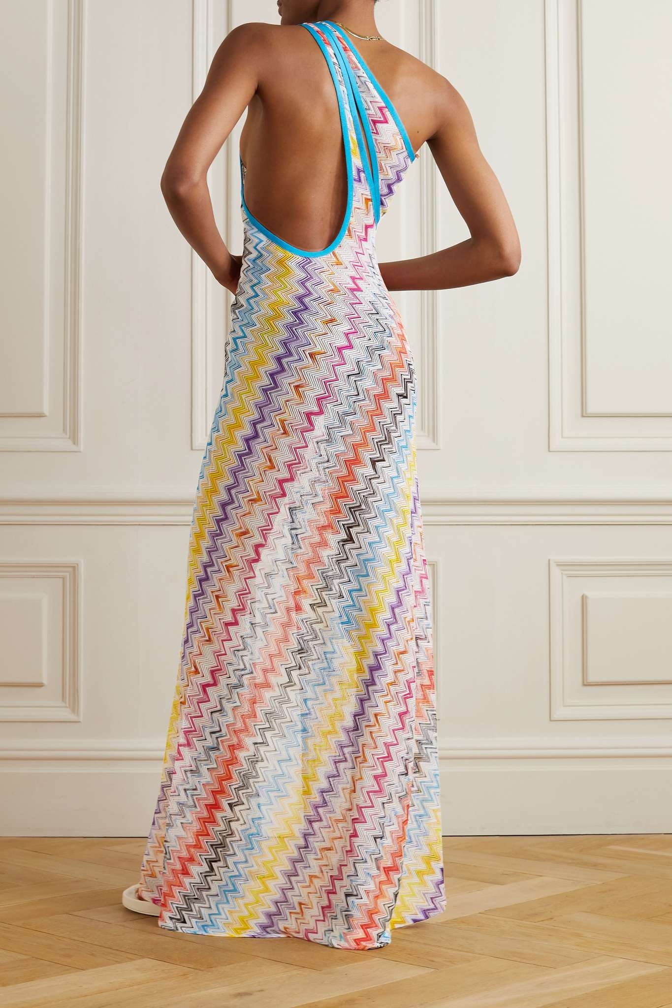 One-shoulder cutout striped crochet-knit maxi dress