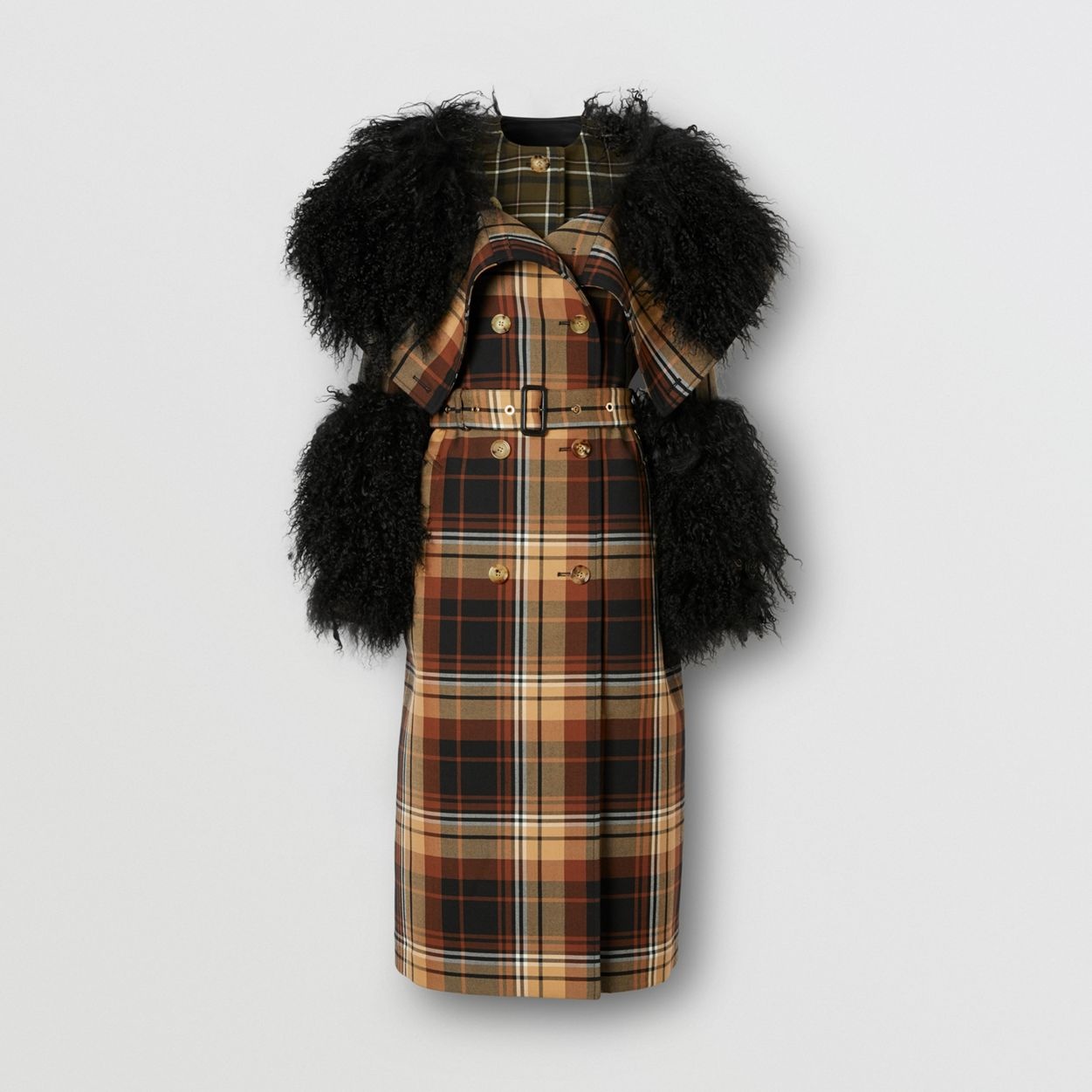 Shearling Trim Contrast Check Wool Trench Coat - 1