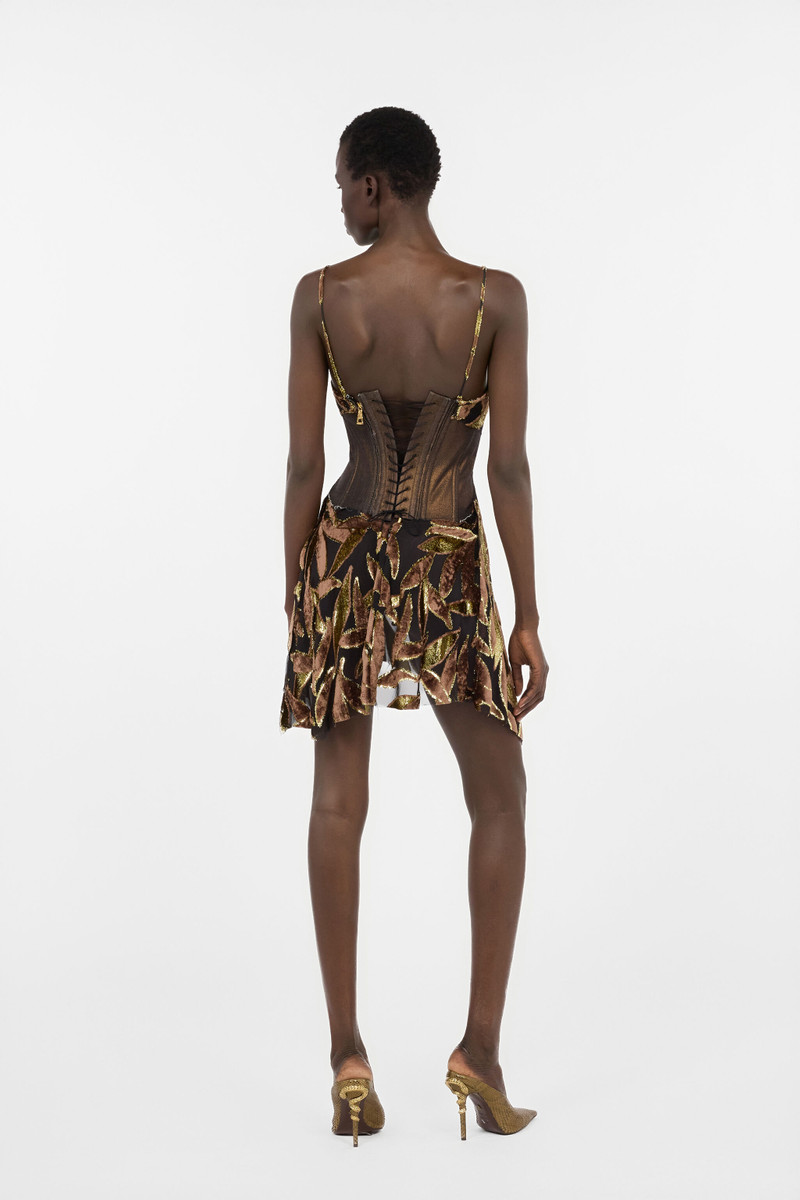 Chocolate Sheer Mini Dress with Foliage Motif 4