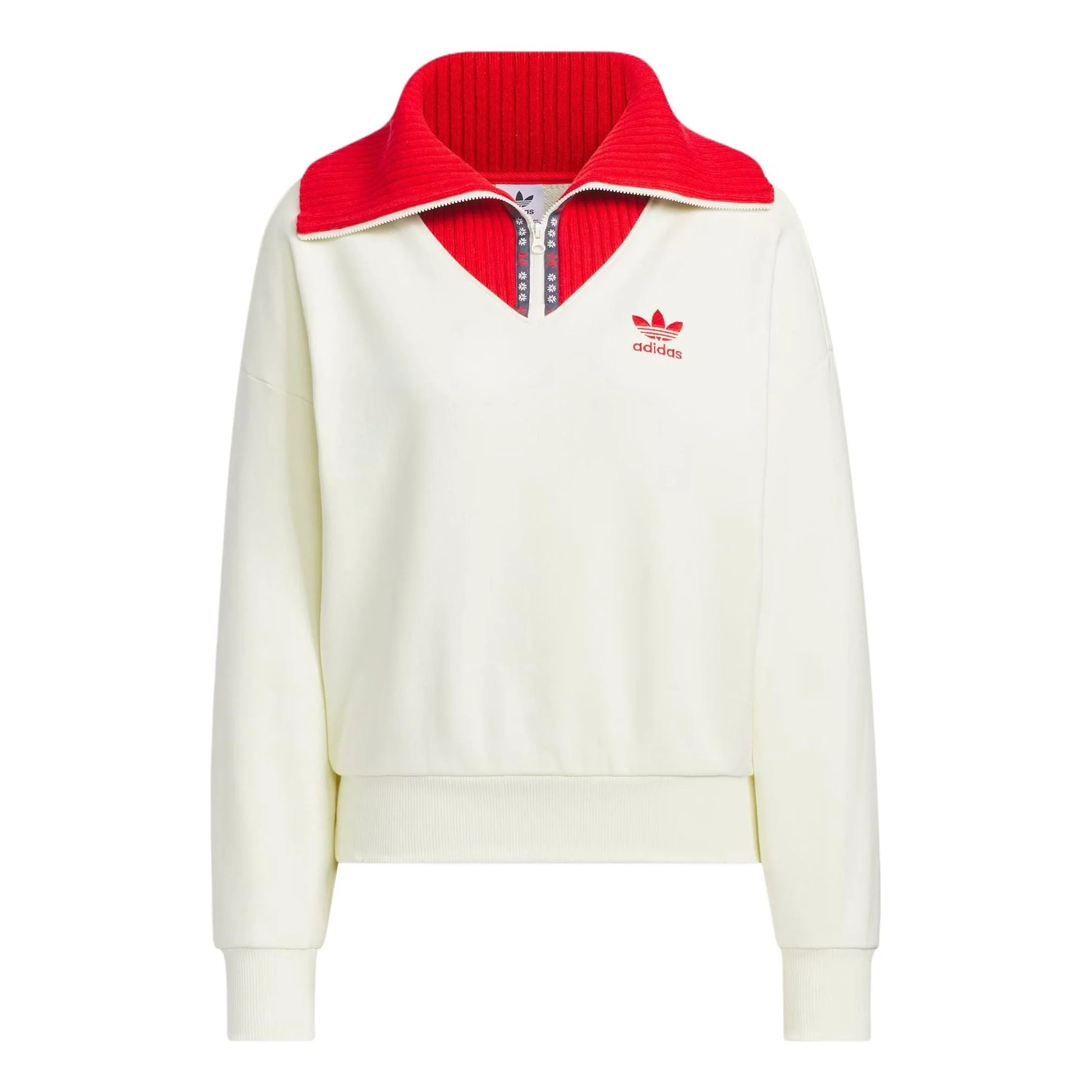 (WMNS) adidas Originals x Feifei RUAN Crewneck Zip Up Sweatshirt 'White Red' JE1606 - 1