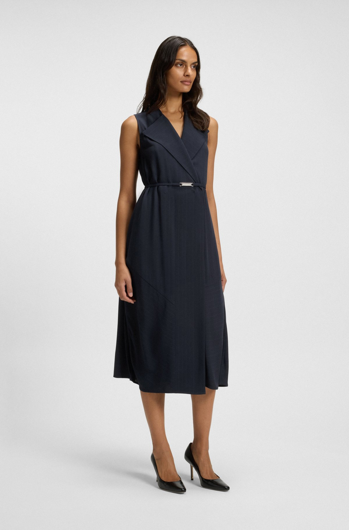 PINSTRIPE DRESS WITH BUTTONED WRAP FRONT - 3