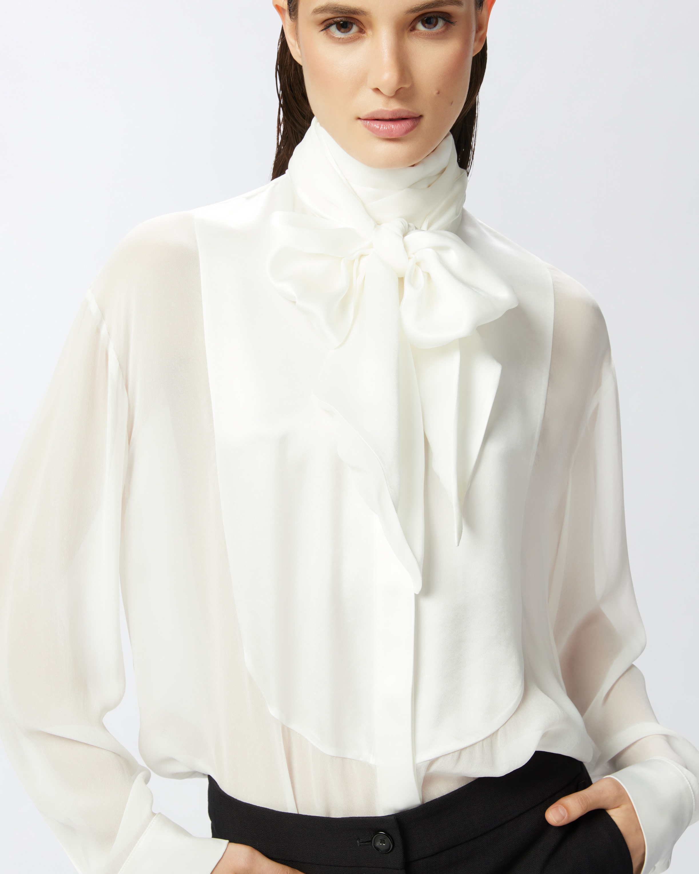 ELEGANT SHEER SHIRT WITH SATIN INSERT - 5