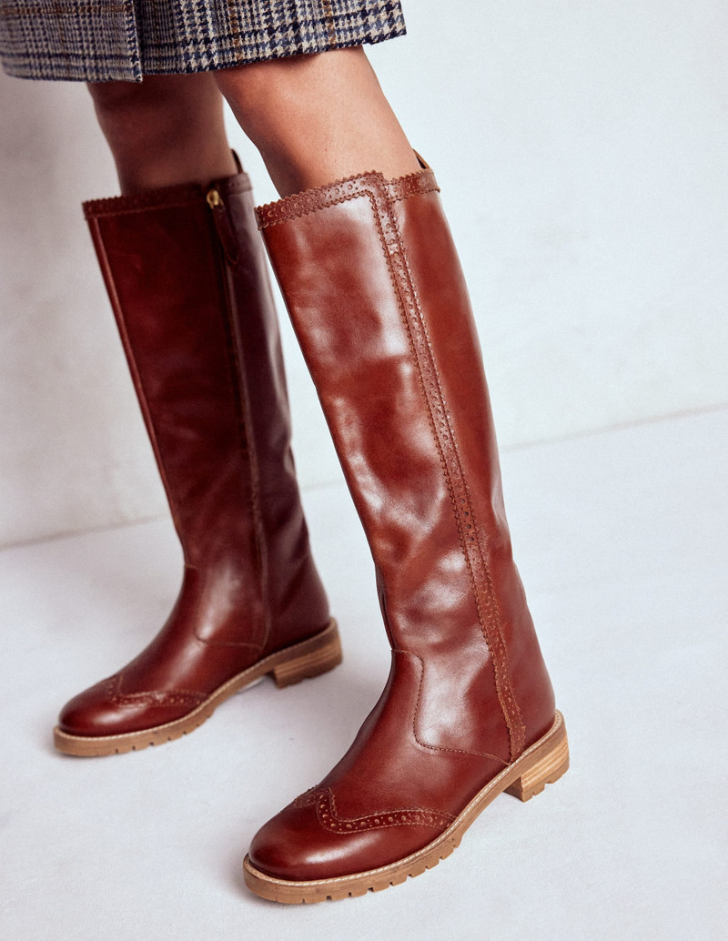 BODEN Brogue Detail Knee Boots-Tan outlook