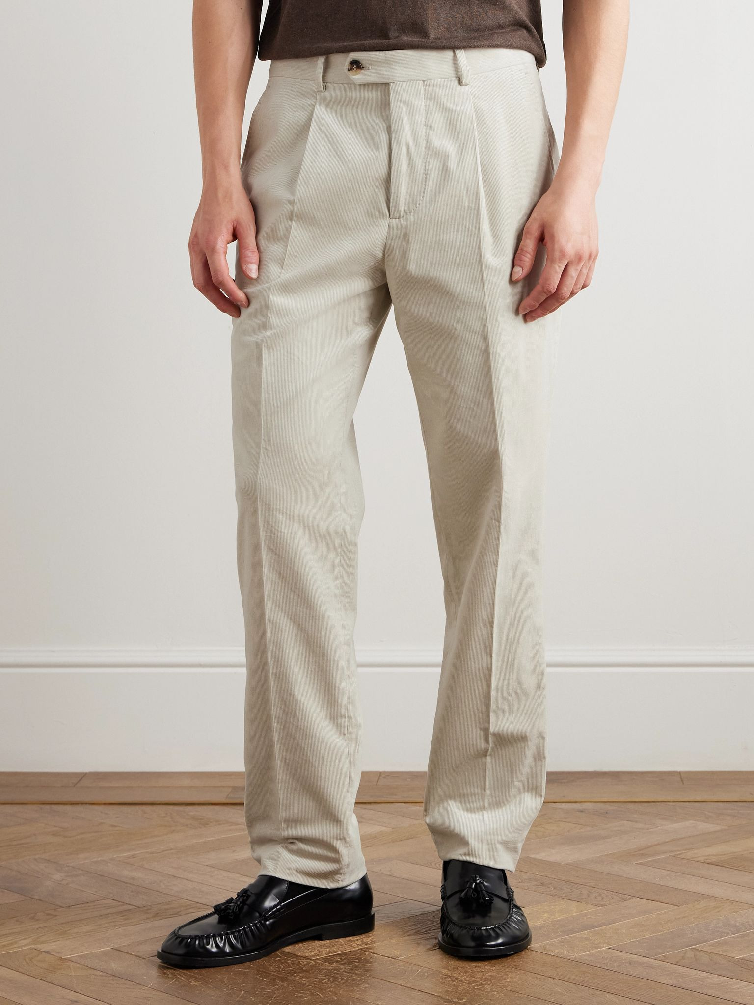 Straight-Leg Pleated Cotton-Corduroy Suit Trousers Cream - 3
