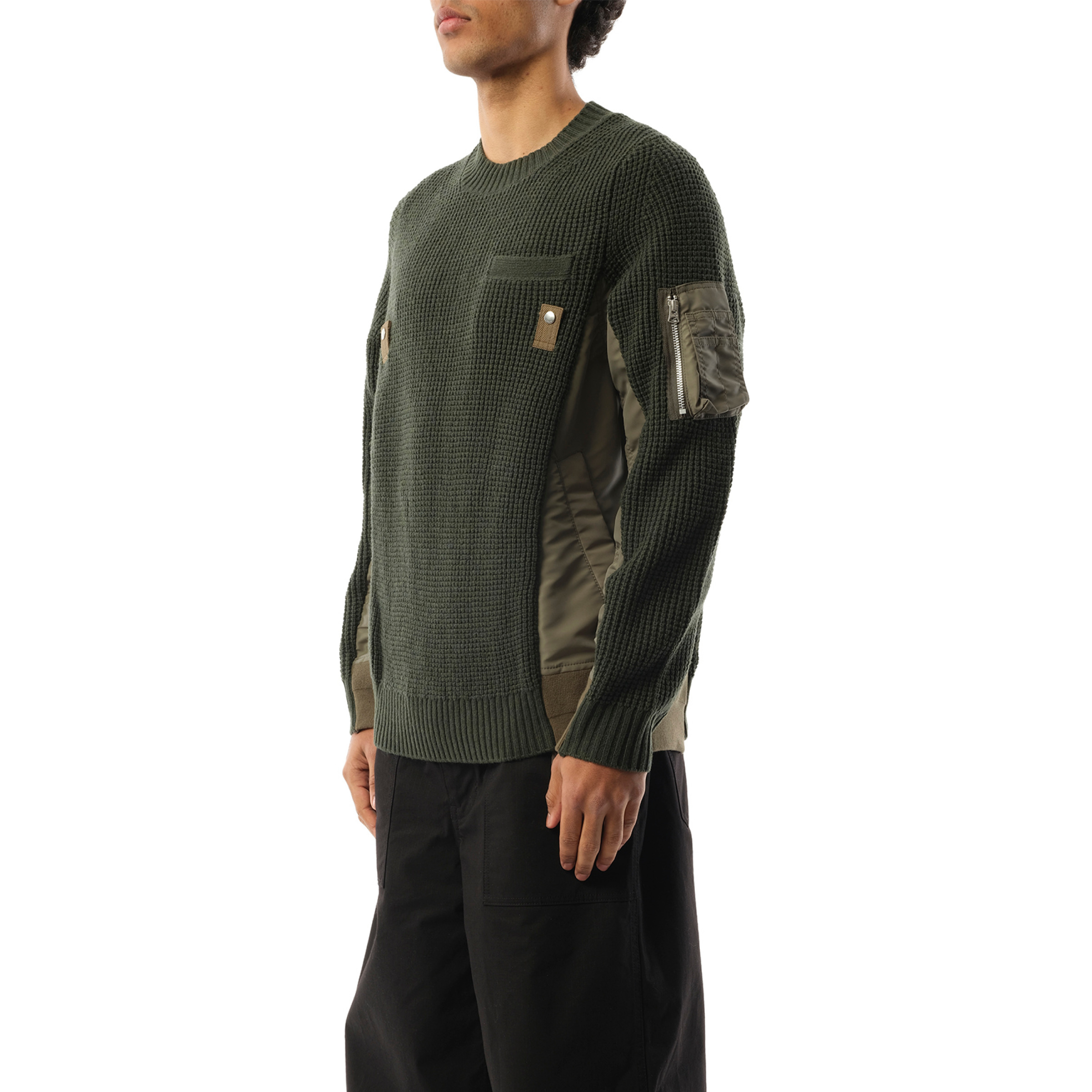 Nylon Twill x Wool Knit Pullover in Khaki - 5