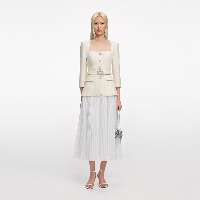 Cream Boucle Long Sleeve Chiffon Midi Dress 1