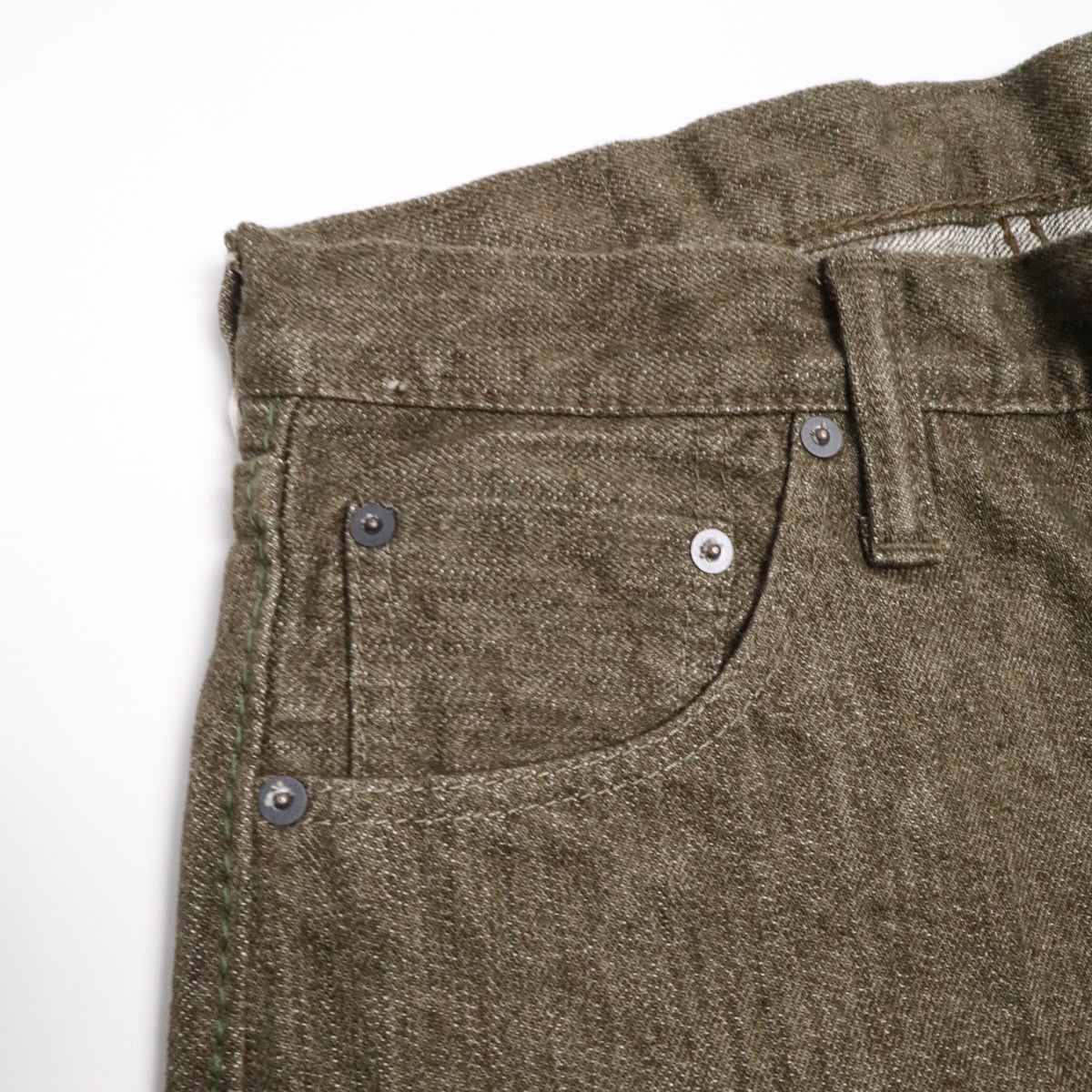 OL-14oz-019 14oz Selvedge Denim Relax Tapered Olive x White - 5