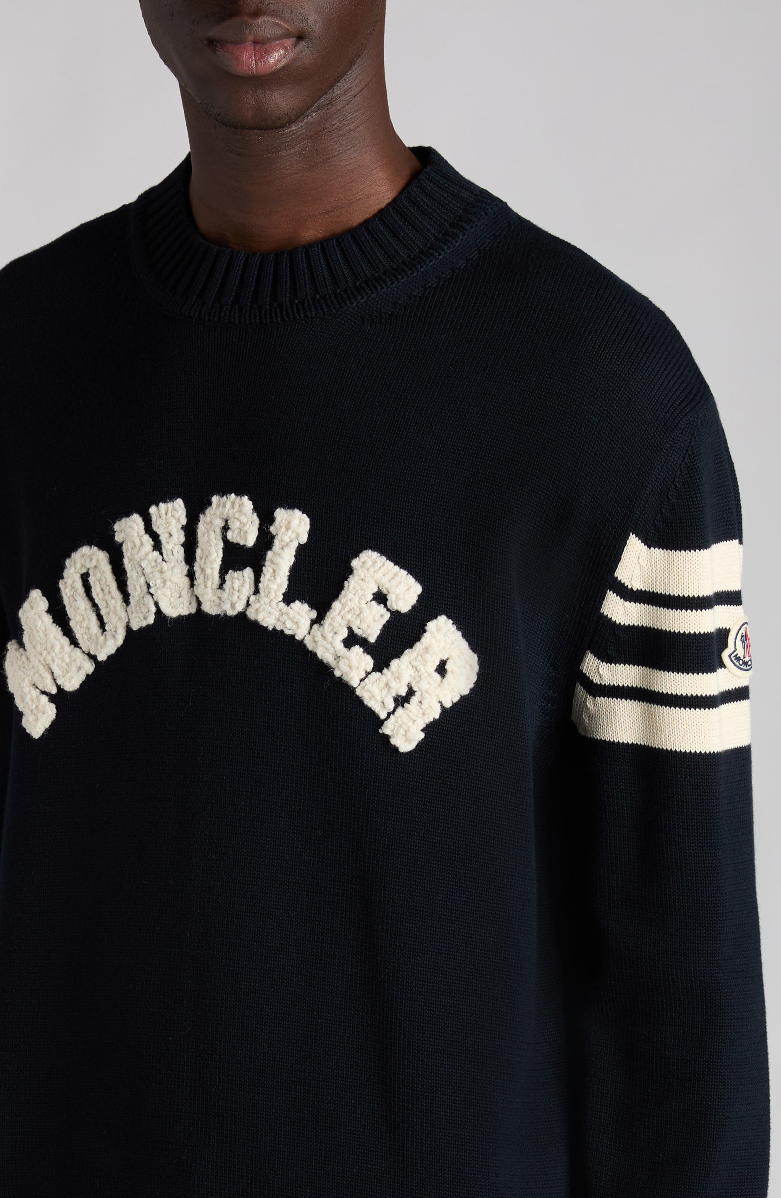 Moncler Logo Embellished Cotton Sweater in Obsidian Blue at Nordstrom - 4