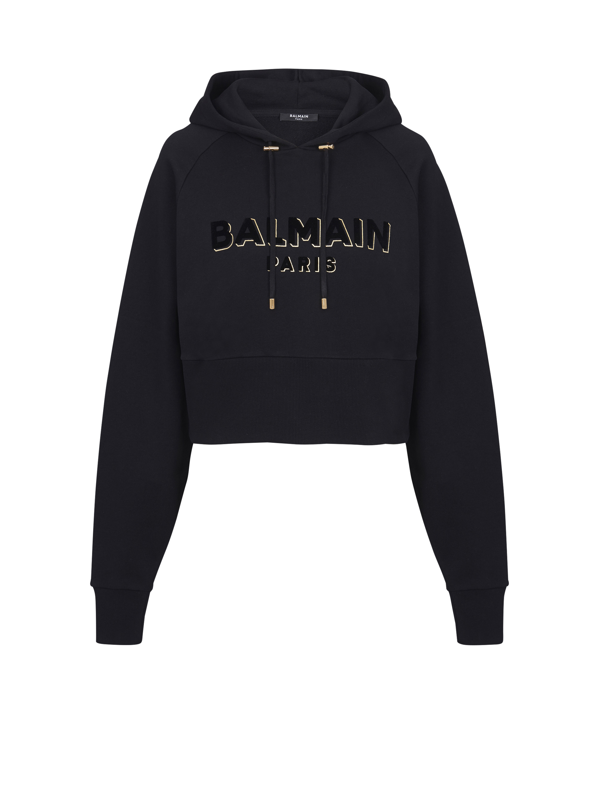 Cropped cotton sweatshirt with flocked metallic Balmain logo - 1