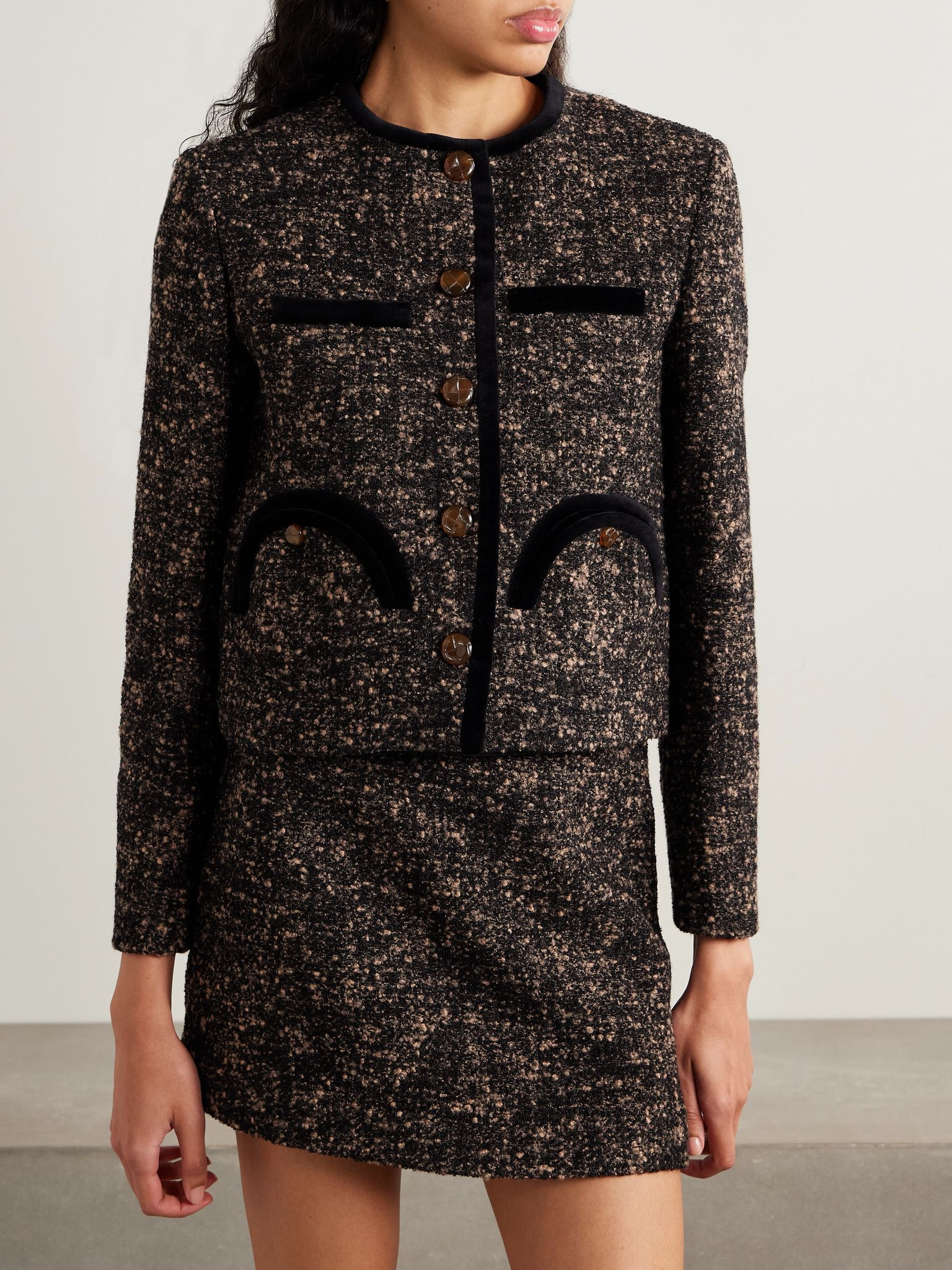 Katara Shamo velvet-trimmed bouclé-tweed jacket Brown - 3