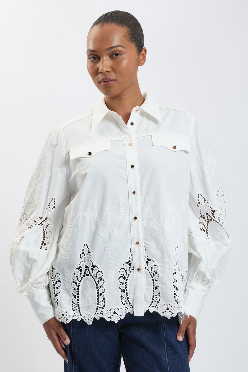 Plus Size Cotton Cutwork Balloon Sleeve Woven Shirt 4
