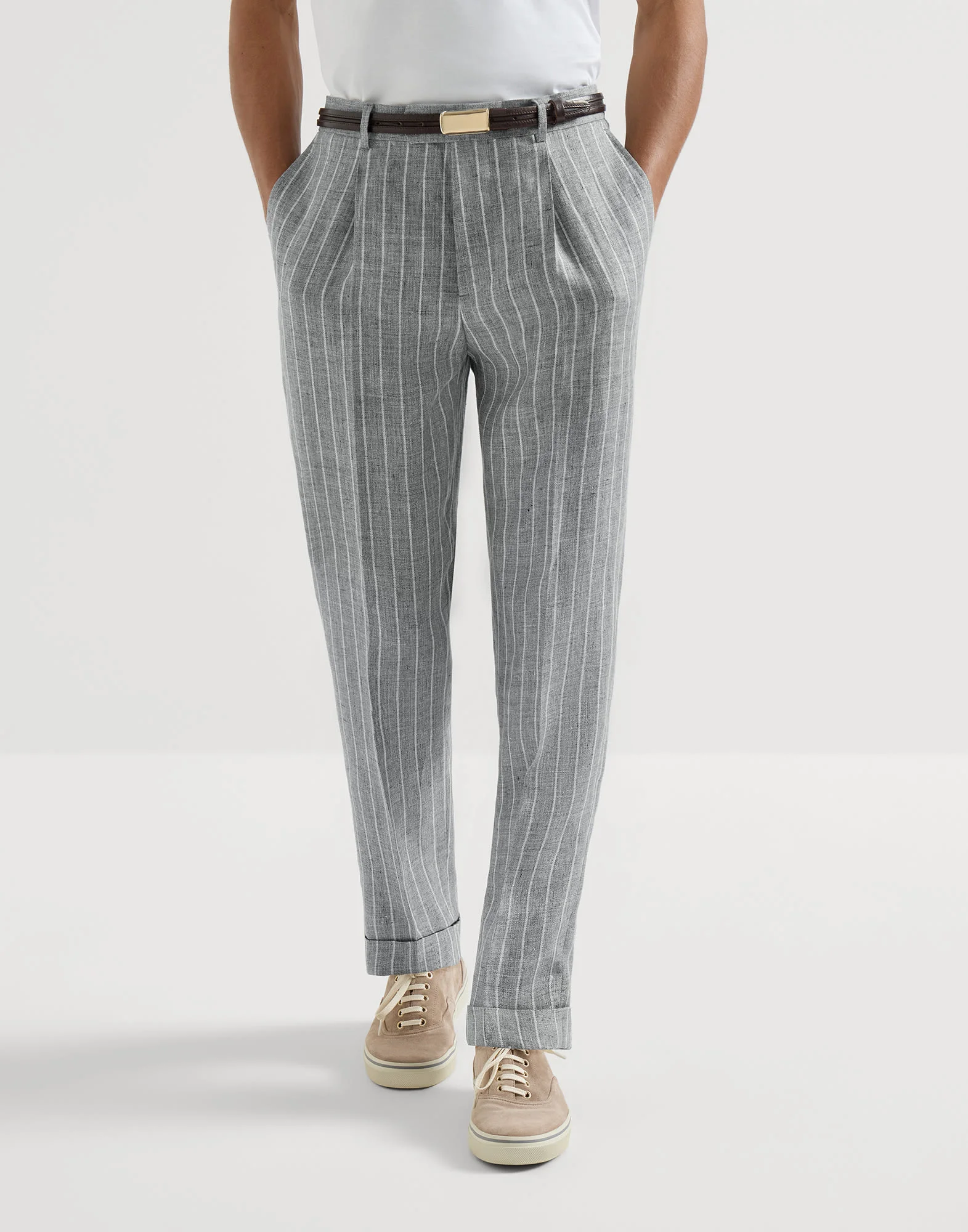 Chalk stripe linen twill trousers with pleat - 1