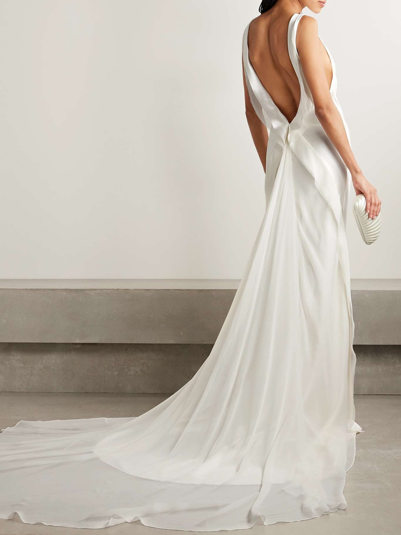 Arlo open-back silk chiffon-trimmed silk and wool-blend satin gown Off-white - 3