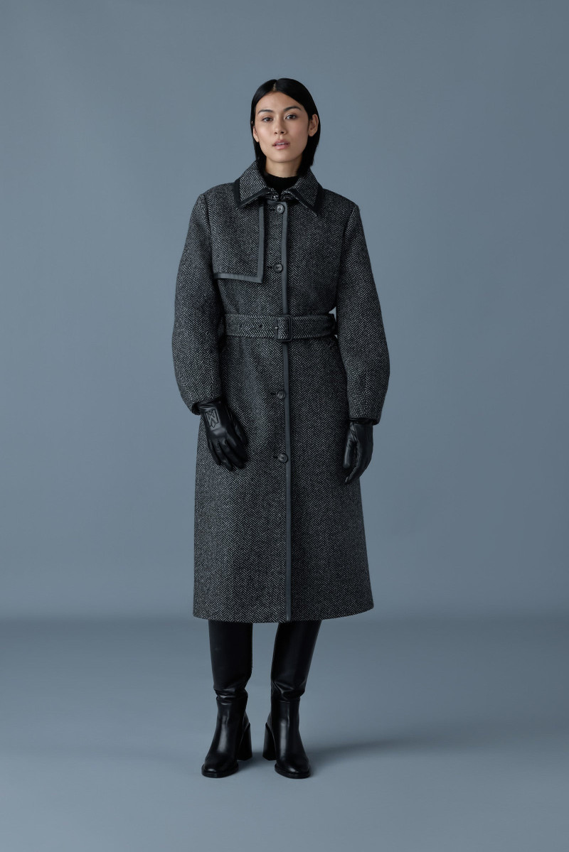 ZEVA-HB Long wool herringbone trench with leather detail 1