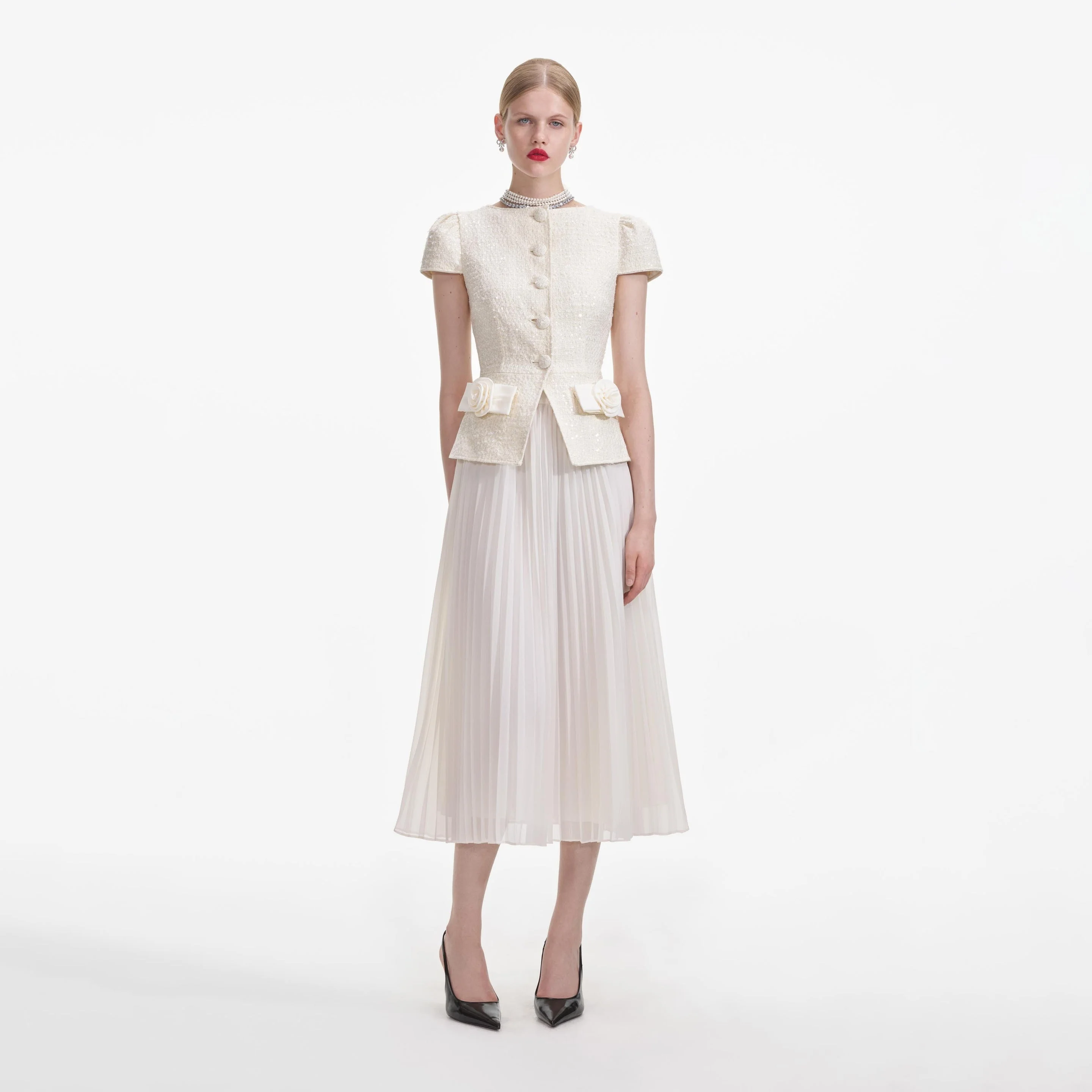 Cream Boucle Bow Detail Midi Dress - 1