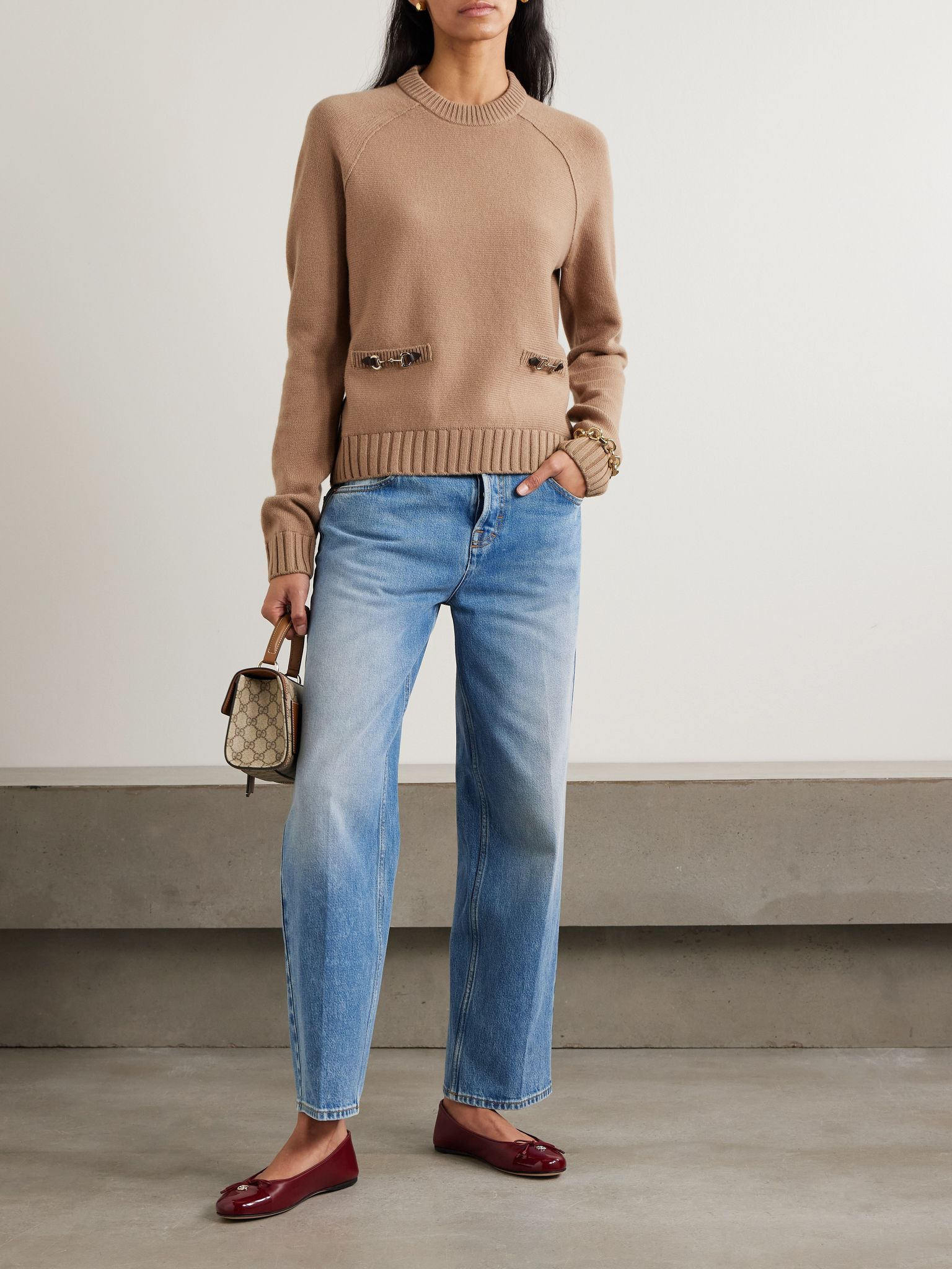 Horsebit-embellished leather-trimmed wool and cashmere-blend sweater Brown - 2