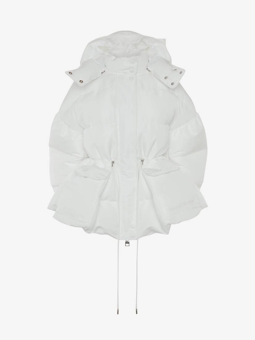 Mcqueen Graffiti Peplum Puffer Jacket in White - 1