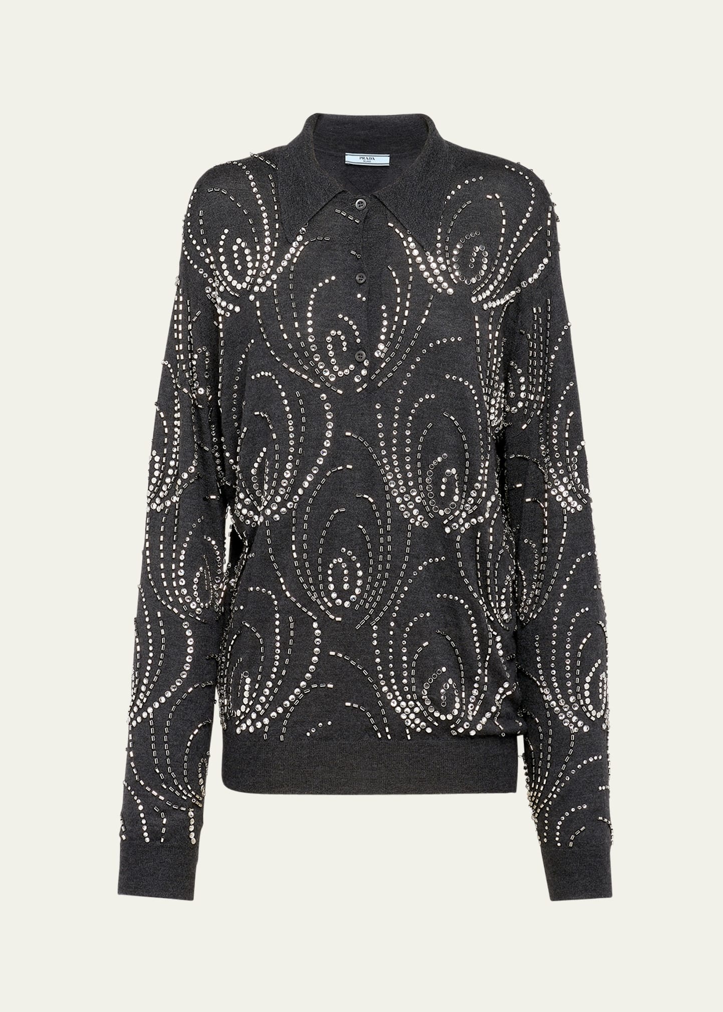 Beaded Crystal Oversized Polo Cashmere Shirt, Gray - 1