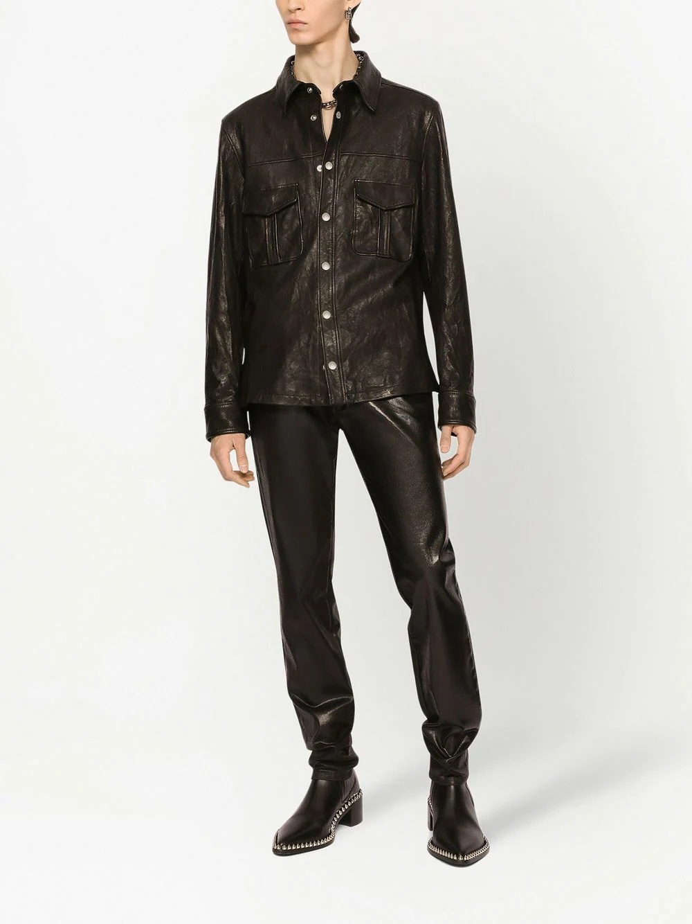 leather button-down shirt - 3