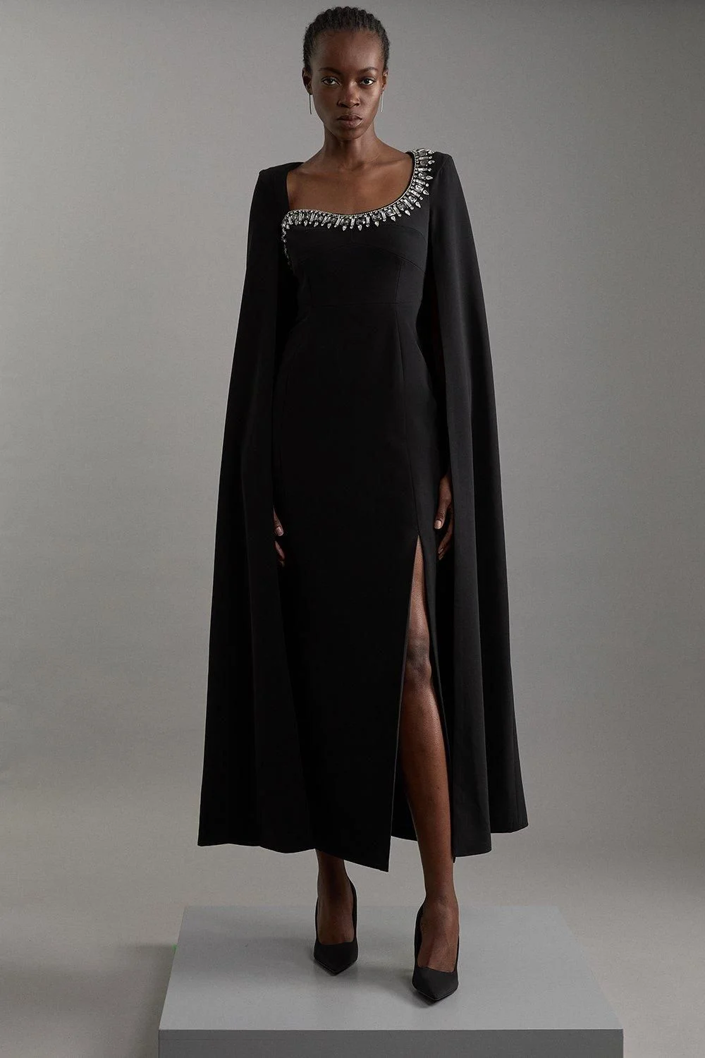 Crystal Embellished Viscose Crepe Woven Cape Maxi Dress - 1