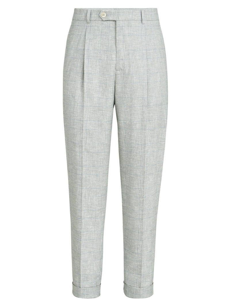 Men's Virgin Wool Prince of Wales Fresco Pleated Trousers - Pearl Grey 1