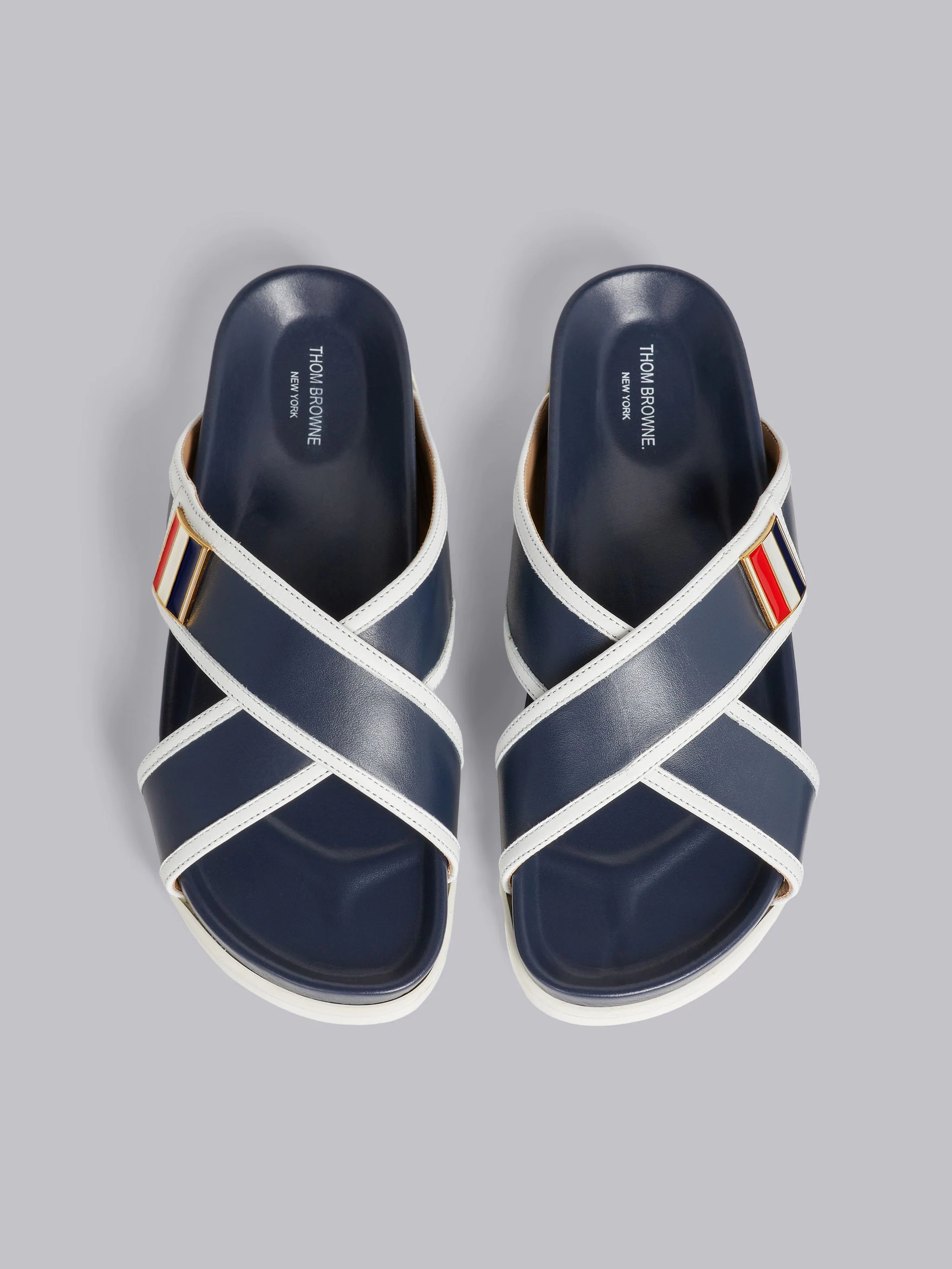 Navy Vitello Calf Leather Enamel Buckle Criss Cross Sandal - 4