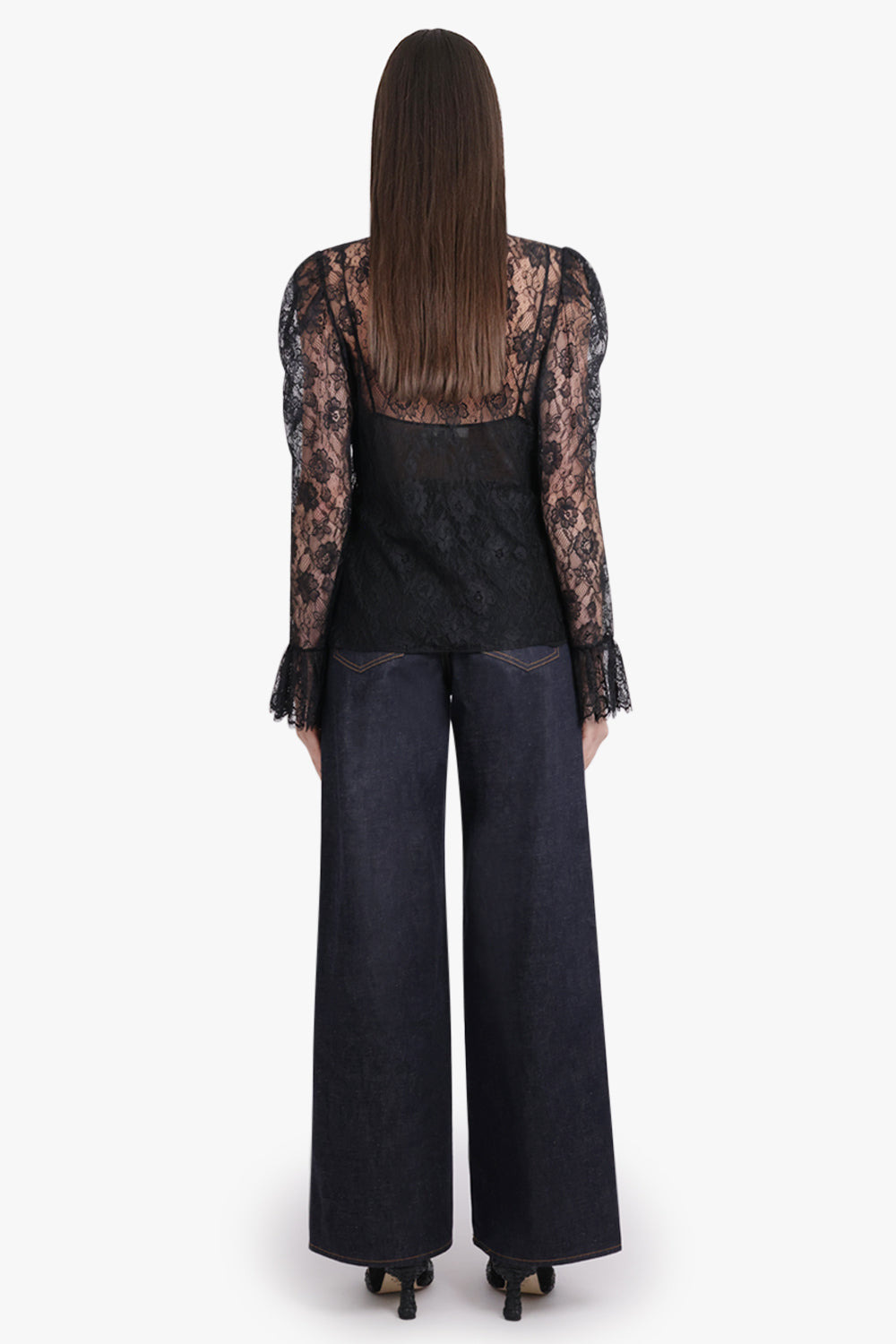 JACQUARD FLORAL LACE NECK TIE BLOUSE | BLACK - 6
