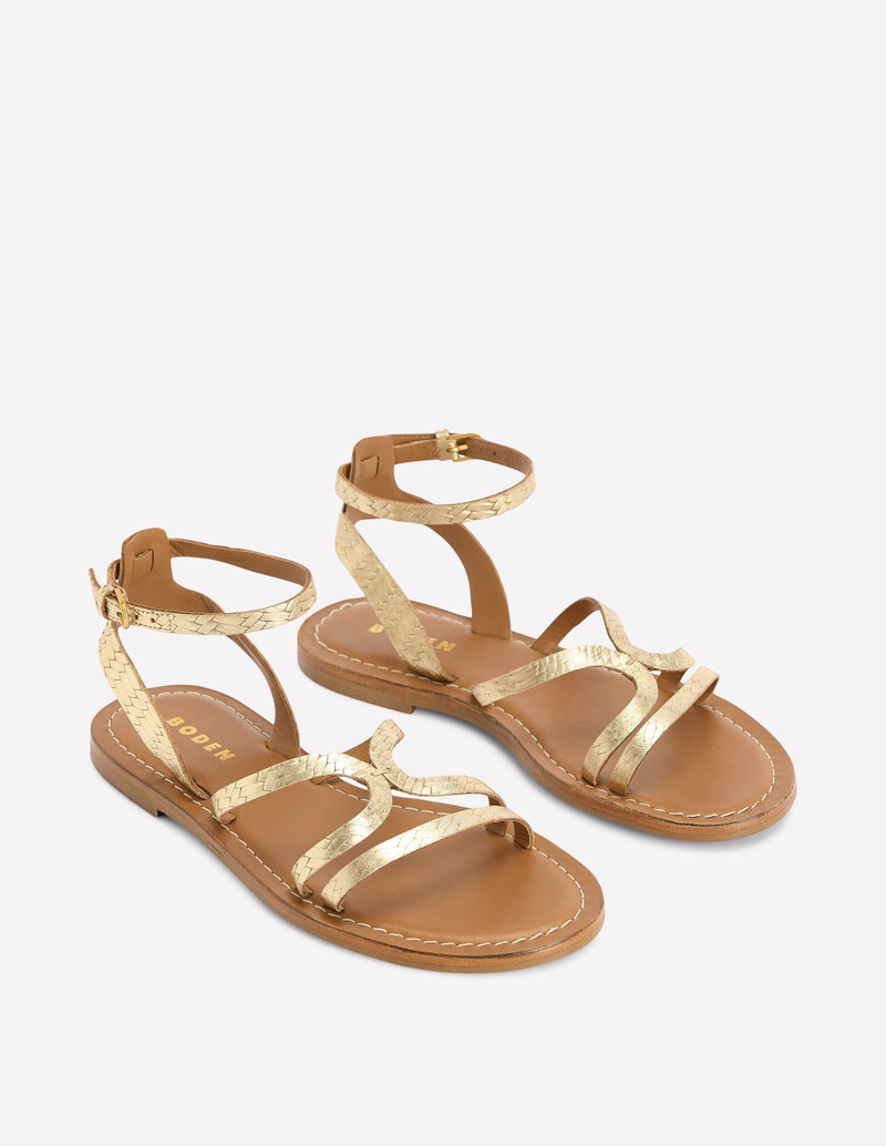Casual Flat Sandal-Gold Woven Leather 3