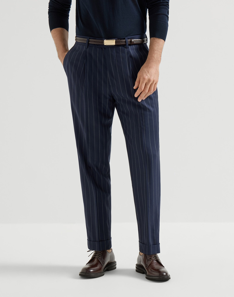 Super 150s virgin wool wide chalk stripe batavia trousers with pleat 2