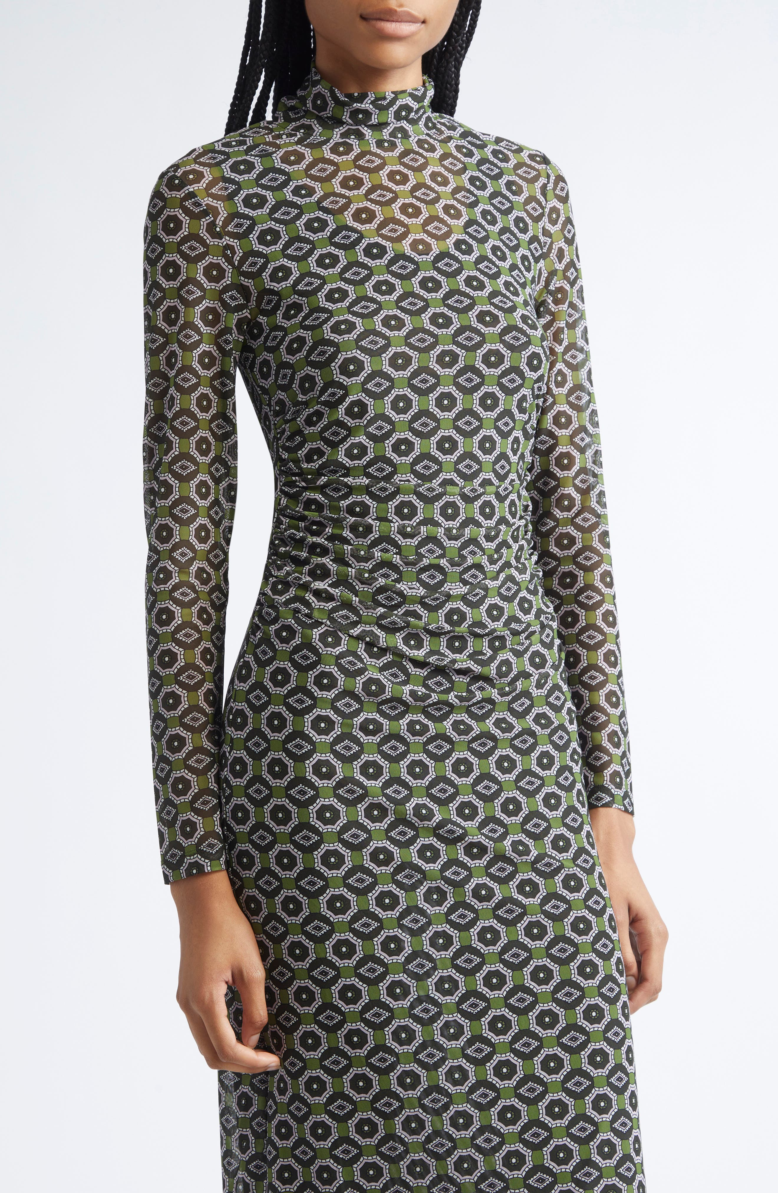 Dries Van Noten Hofes Tie Print Layered Long Sleeve Mesh Midi Dress in Green at Nordstrom - 4