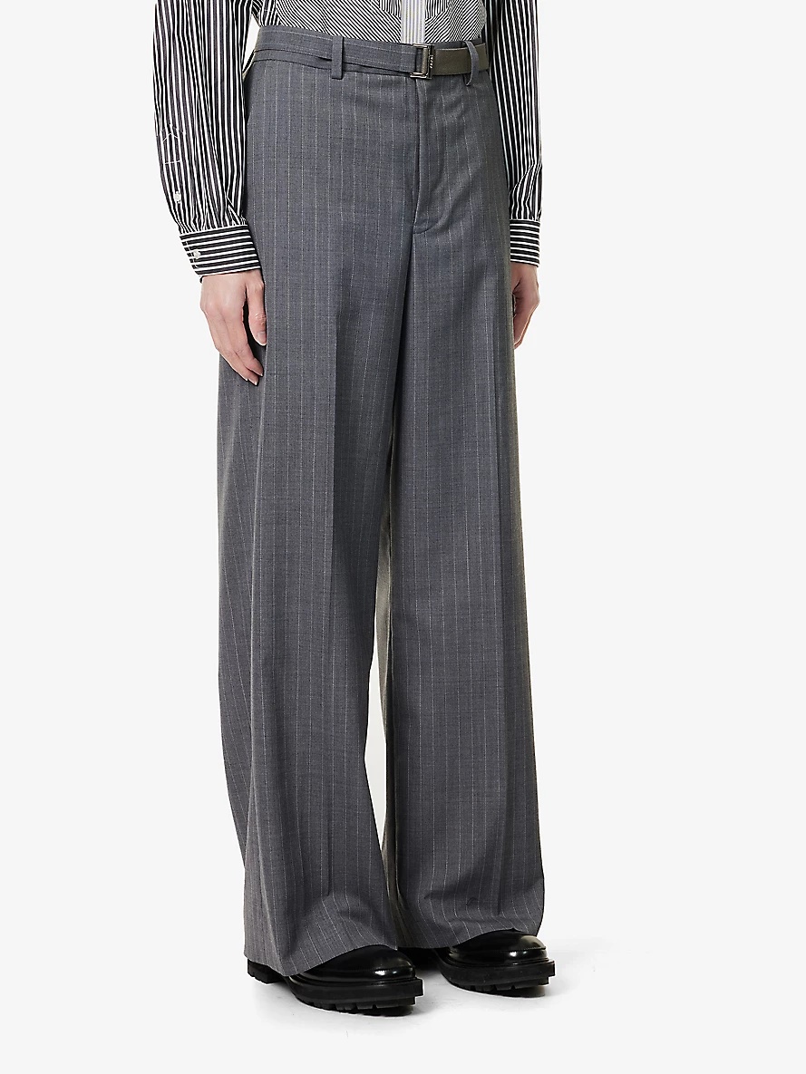 Chalk Stripe buckle-belt relaxed-fit wide-leg woven trousers - 3