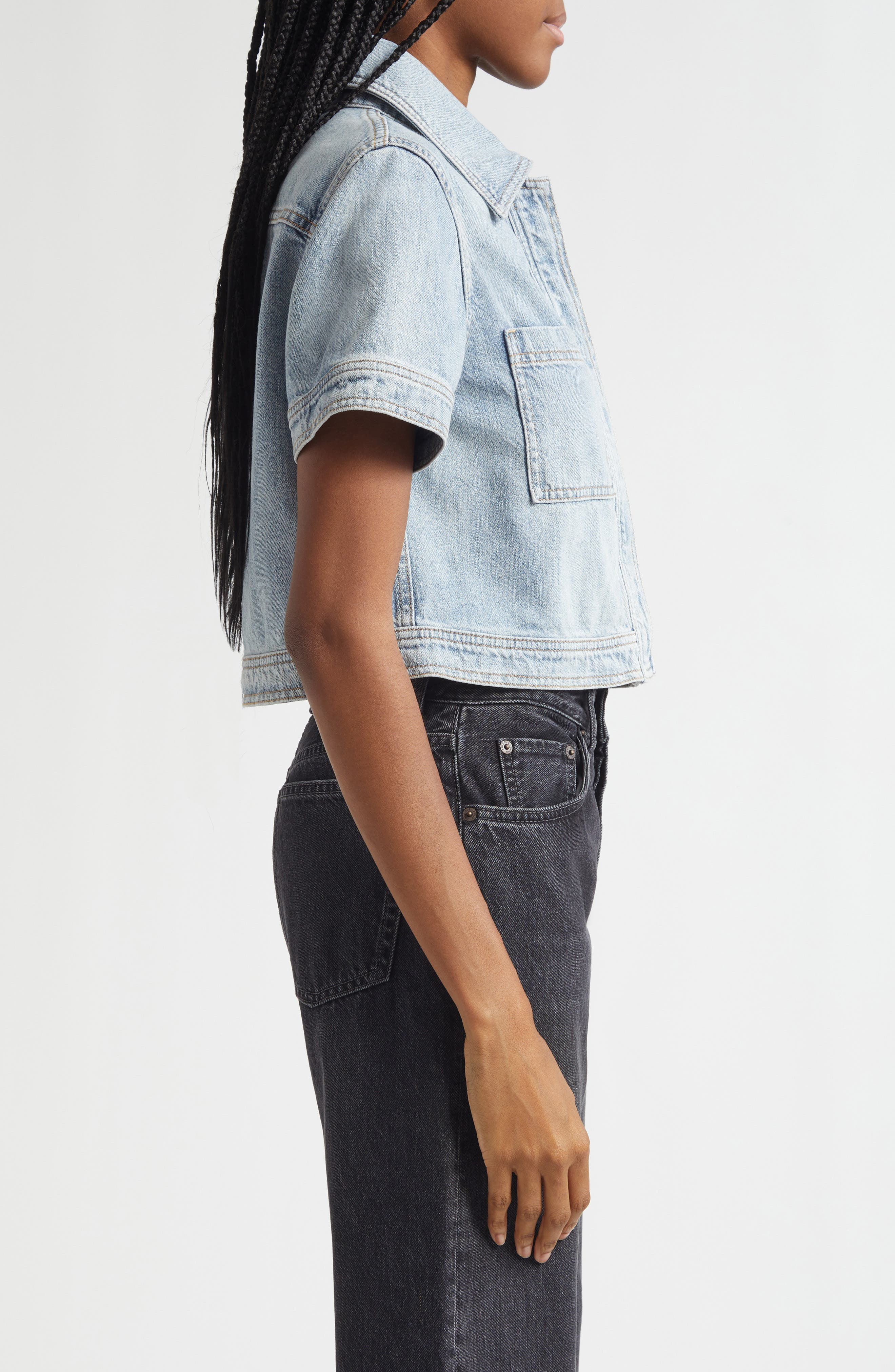 Alice + Olivia Tesha Crop Denim Button-Up Shirt in Rockstar Blue at Nordstrom - 3