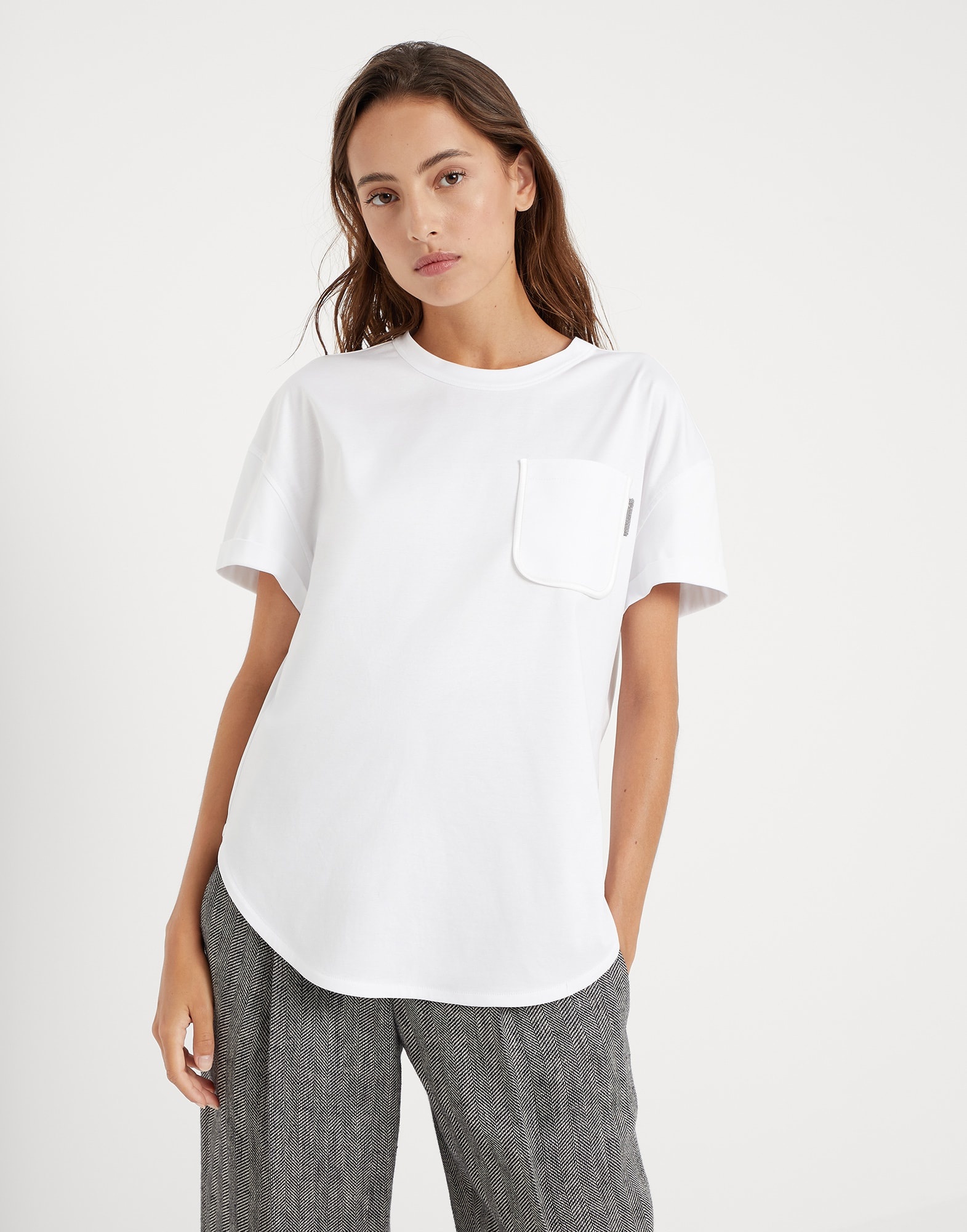 Tシャツ・カットソー BRUNELLO CUCINELLI COTTON JERSEY T-SHIRT WITH SHINY TAB Brunello Cucinelli Cotton jersey T-shirt with shiny tab