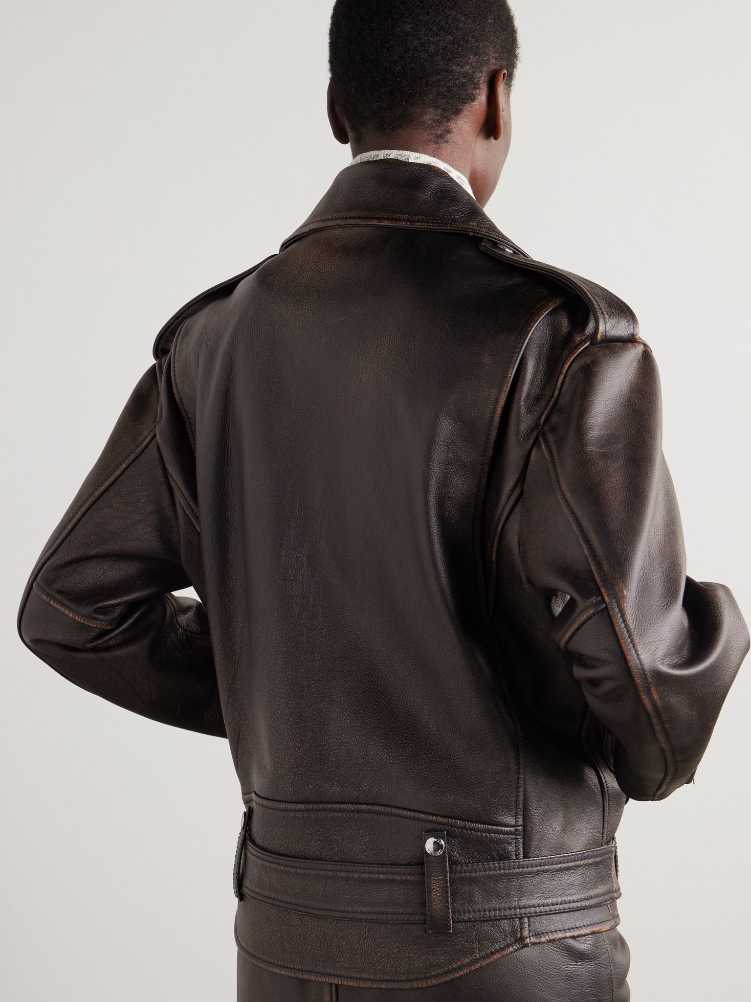 Distressed leather biker jacket Dark brown - 4