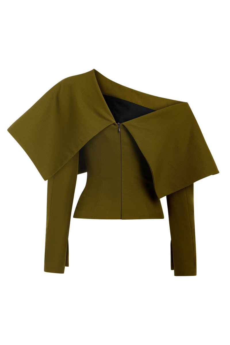A.W.A.K.E. MODE BACK TO FRONT ASYMMETRIC OVERSIZED COLLAR TOP KHAKI GREEN outlook