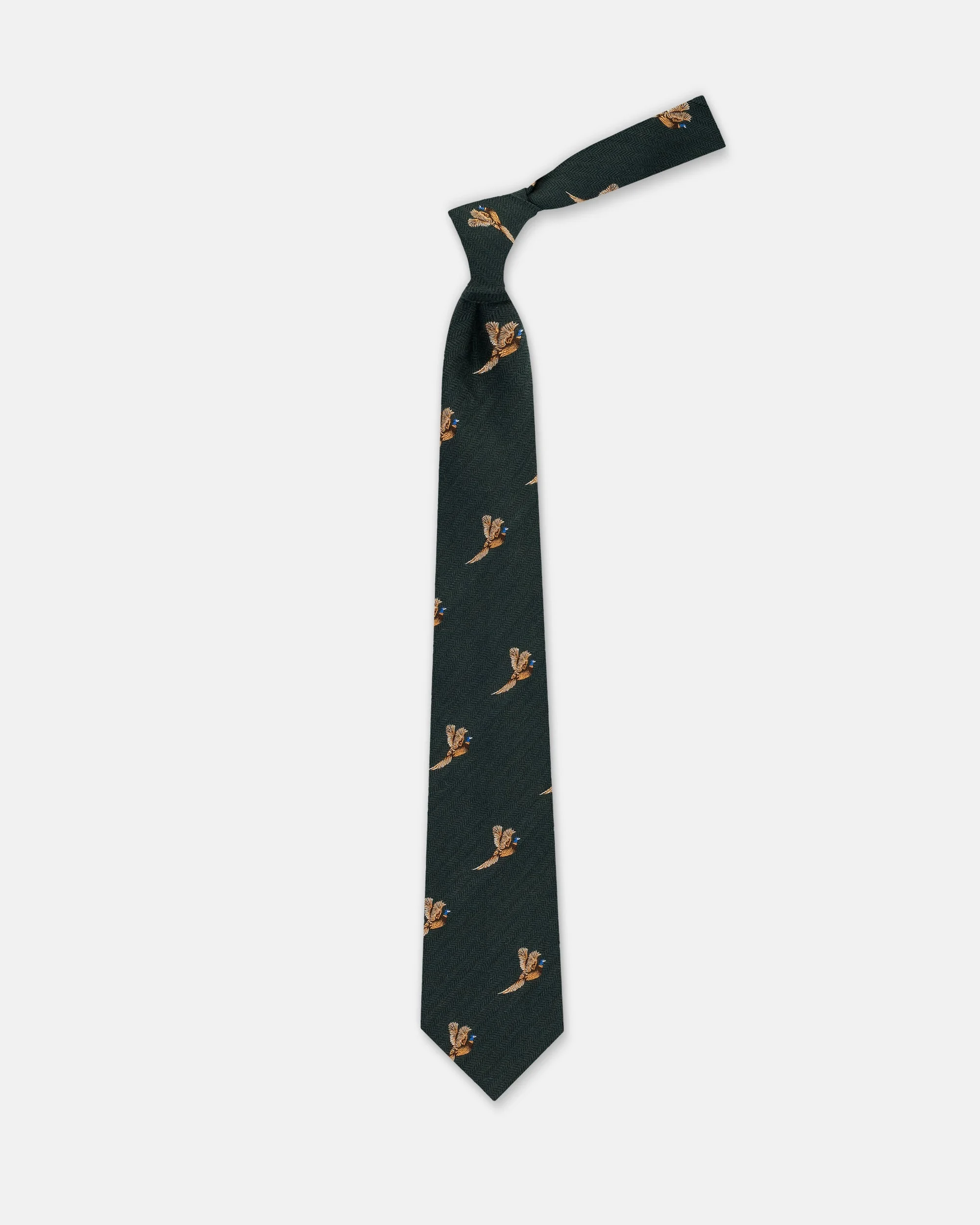 MADE-IN-ENGLAND GREEN FLYING PHEASANT WOOL/SILK TIE - 1