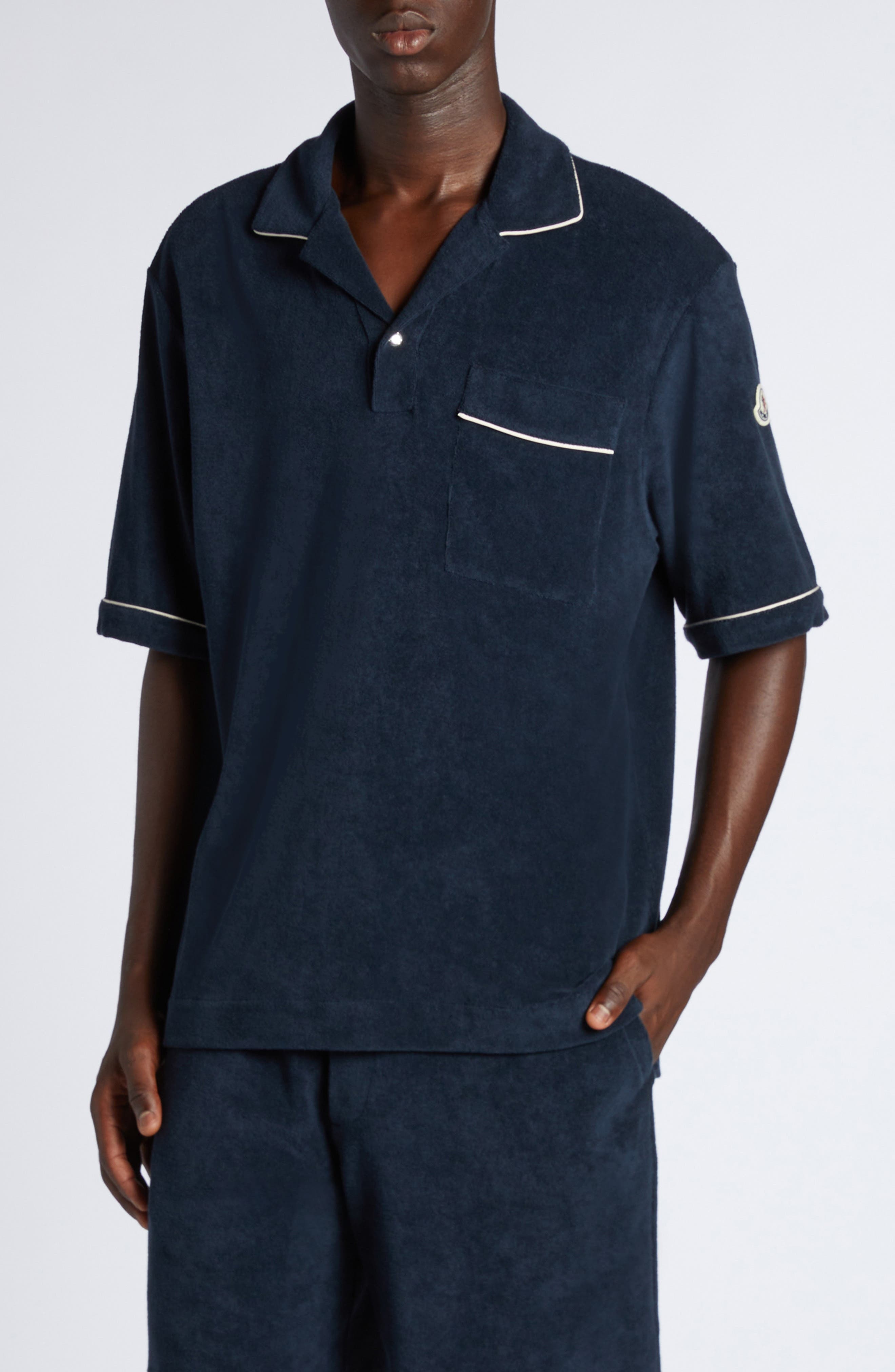 Moncler Tipped Cotton Terry Cloth Polo in Dark Navy Blue at Nordstrom - 1