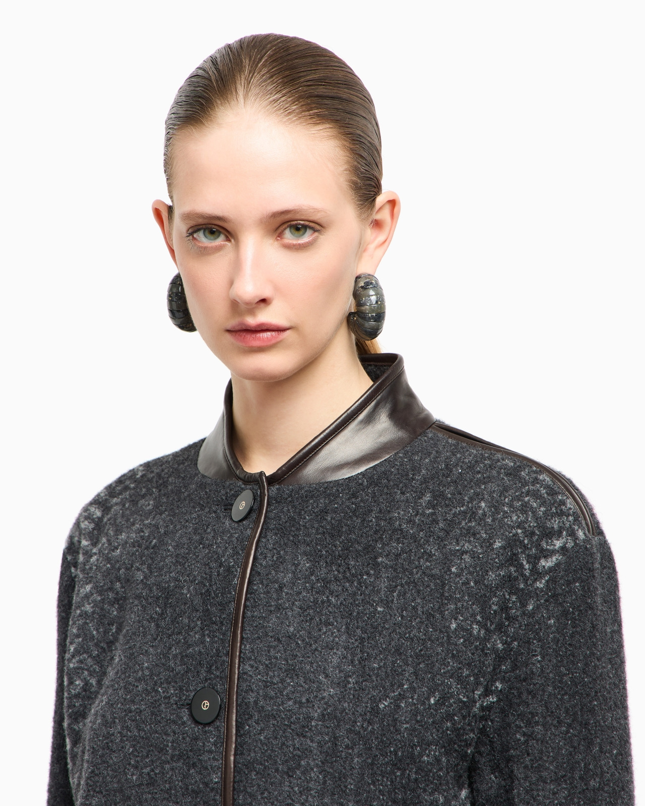 CHEVRON BOUCLÉ WOOL AND LEATHER PEA COAT - 5