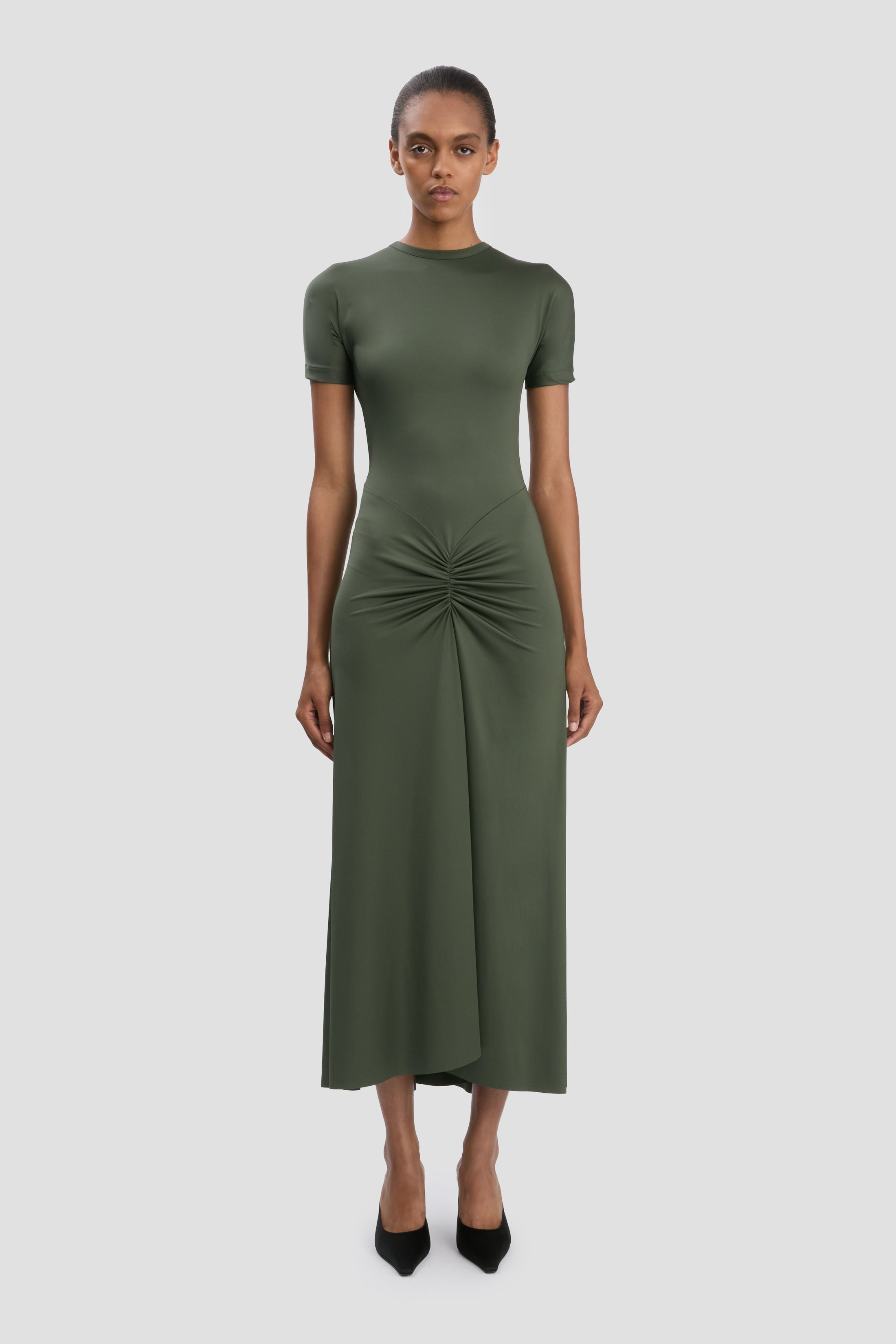 Gathered Waist T-Shirt Midi Dress In Oregano - 2